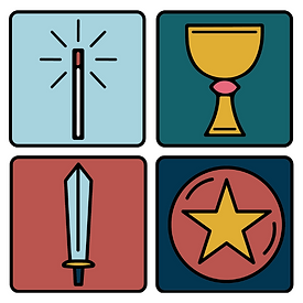 An illustration of four archetypes. Top left, a wand with a light blue background; top right: a yellow chalice on a teal background; bottom left: a sword with a red background; bottom right: a yellow star within a red circle on a navy background.