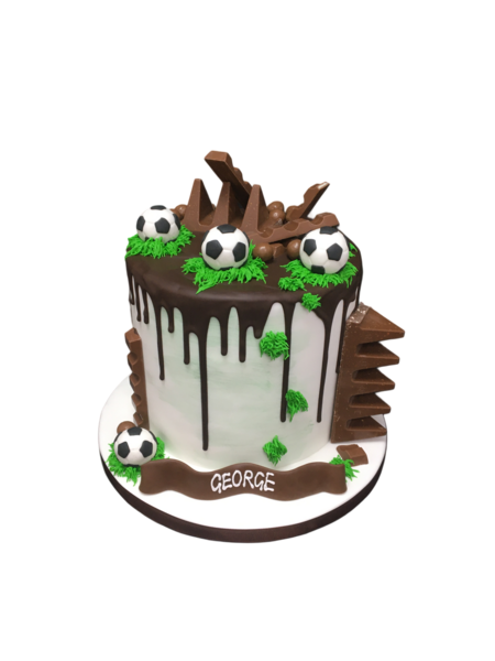 Bespoke celebration cake with chocolate drips and football decorations in Solihull, West Midlands.