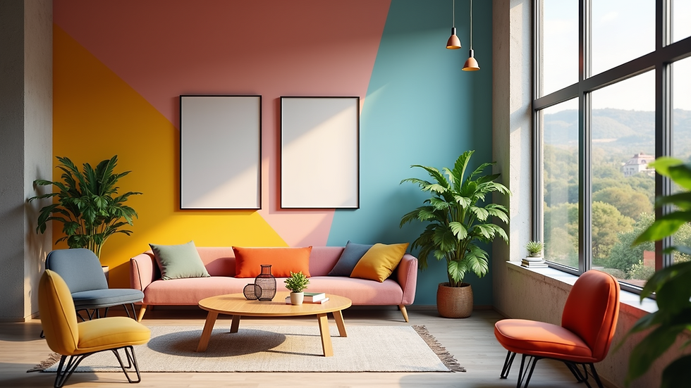 Wide angle view of a vibrant workspace filled with creative materials and brainstorming tools