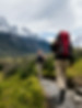 randonneurs portant des sacs à dos, avec vue sur les montagnes enneigées sur leurs sommets