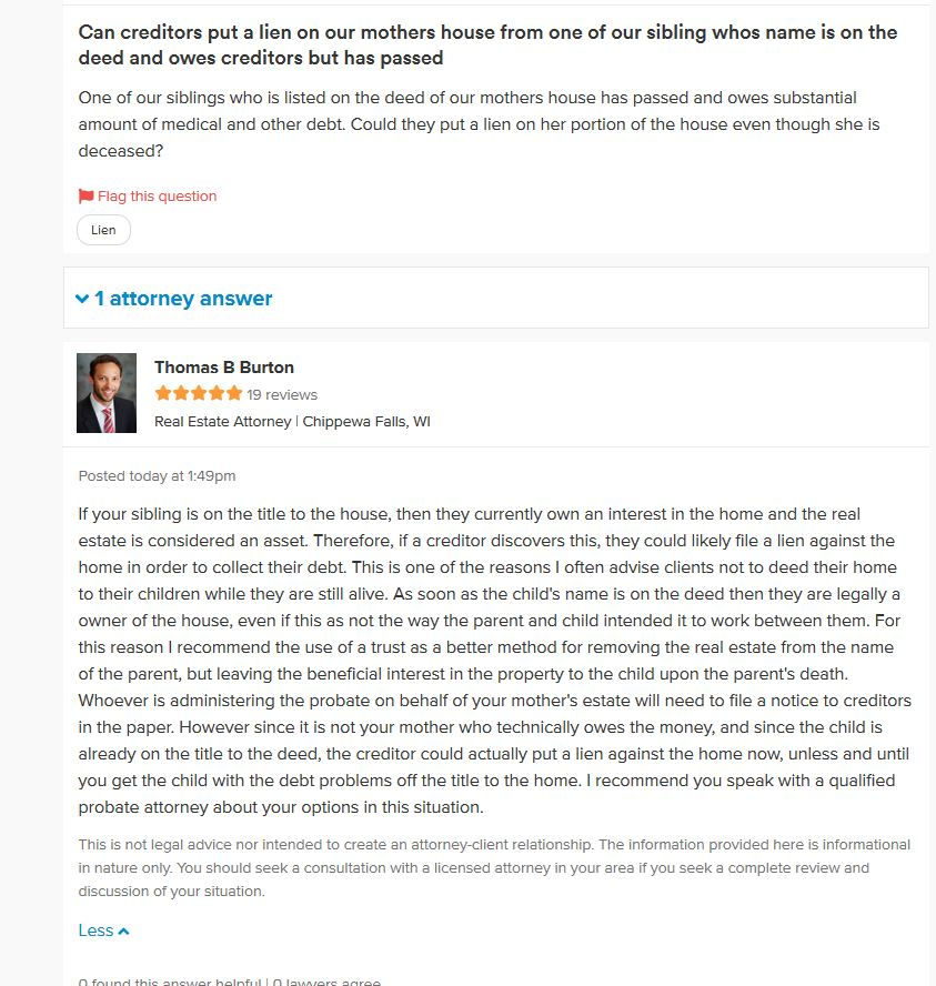 Q&A Series: Can a Creditor Put a Lien on our Mother's House with