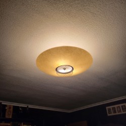 Beige ceiling in disrepair and amber shaded pendant light dimly light the former library 