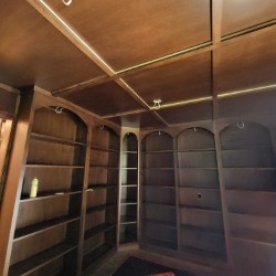 Ceiling now coffered and paneled in a warm wood stain