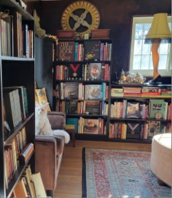 View of books upon books and nifty leg lamp circa a famous movie in the existing window