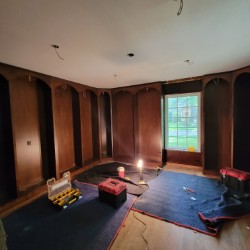Ceiling prepped and holes for recessed lighting, floors protected by clothes 