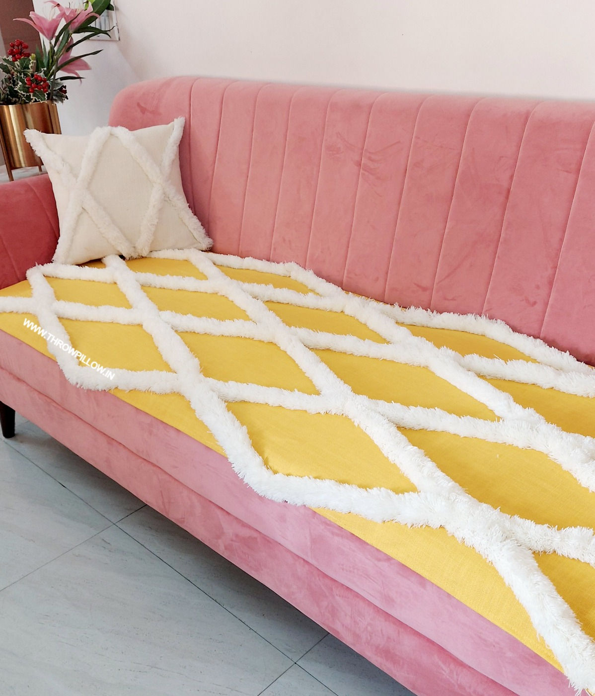 "Corner L Shape Sofa Cover in Yellow and White Diamond"