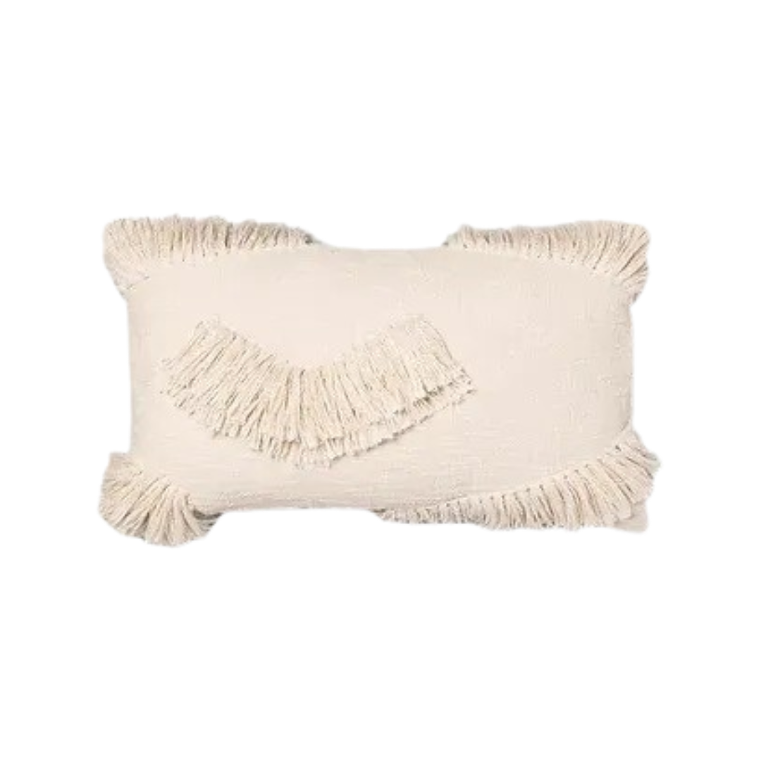Ivory Textured Lumbar Pillow with Fringe Detail | Boho Chic Decorative Cover
