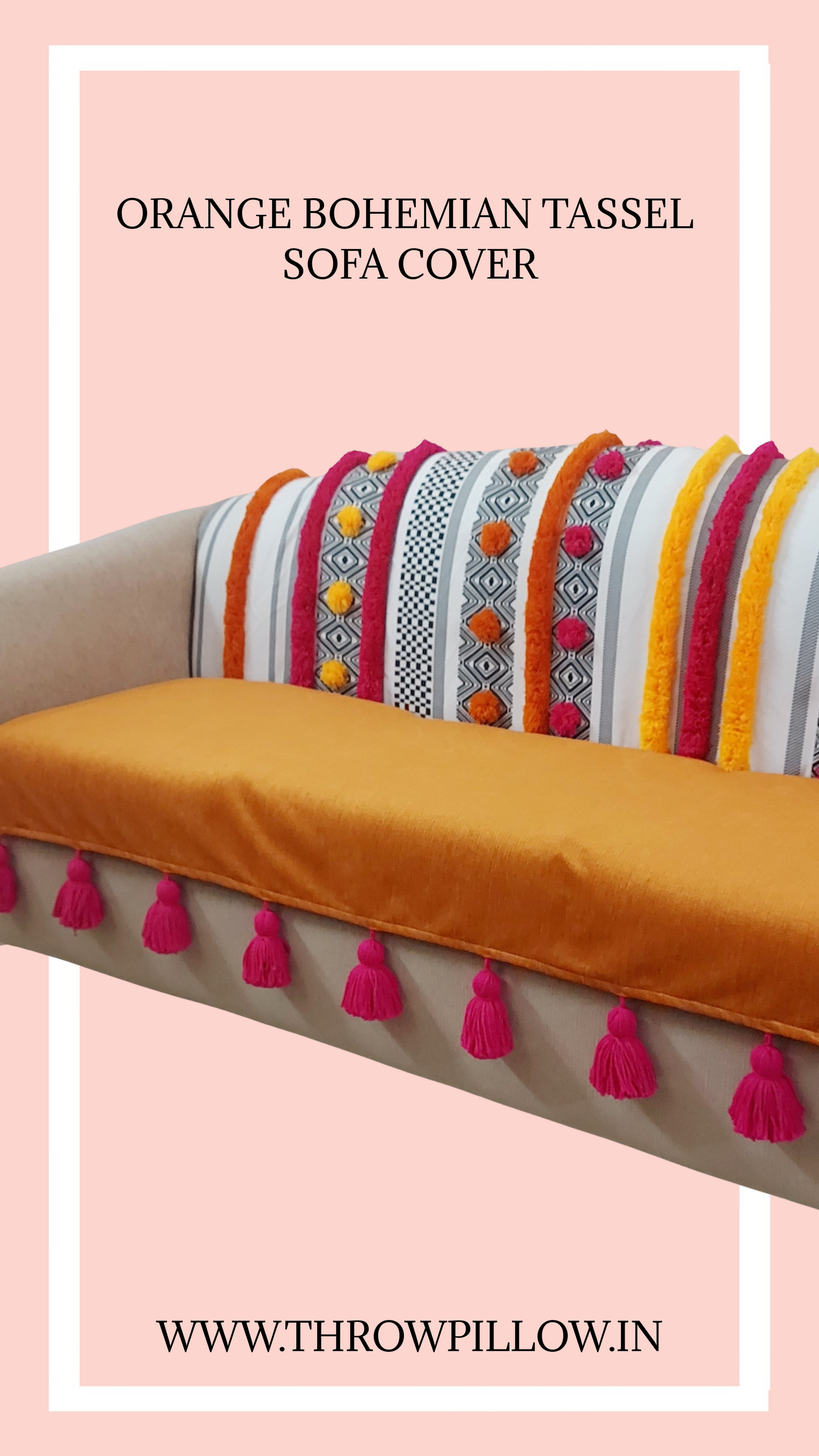 Orange Bohemian with Pink Tassels Sectional L Shape Sofa Cover