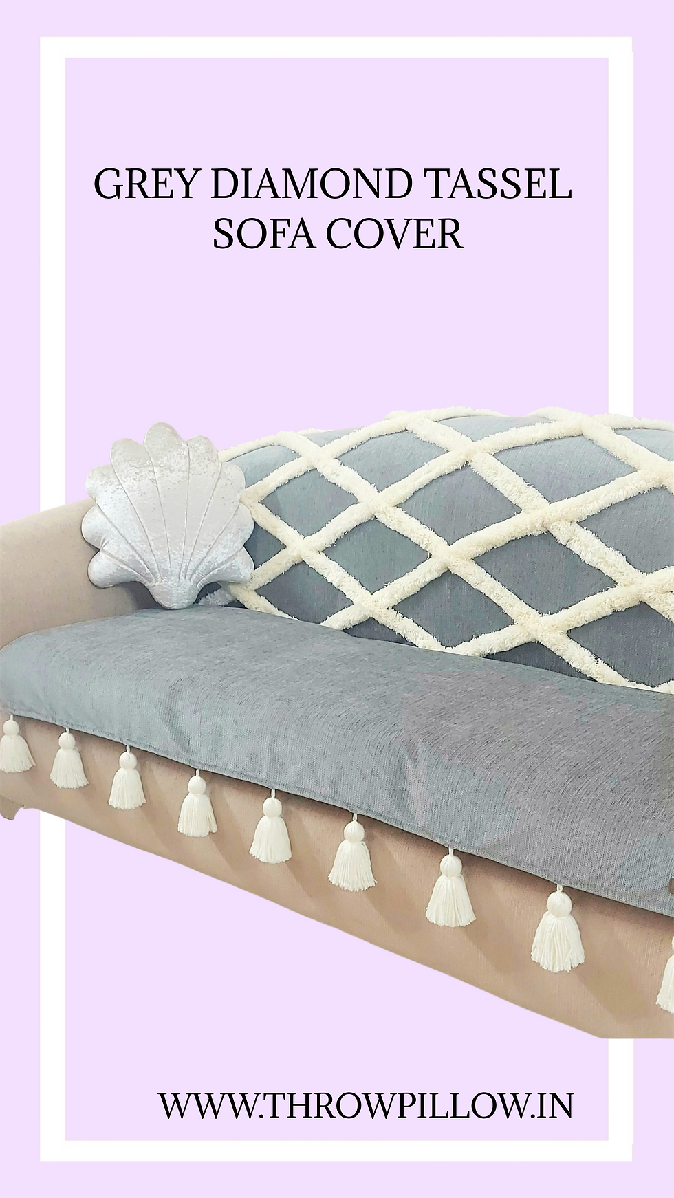 Grey Dimond Tufted With White Tassels Sofa Cover