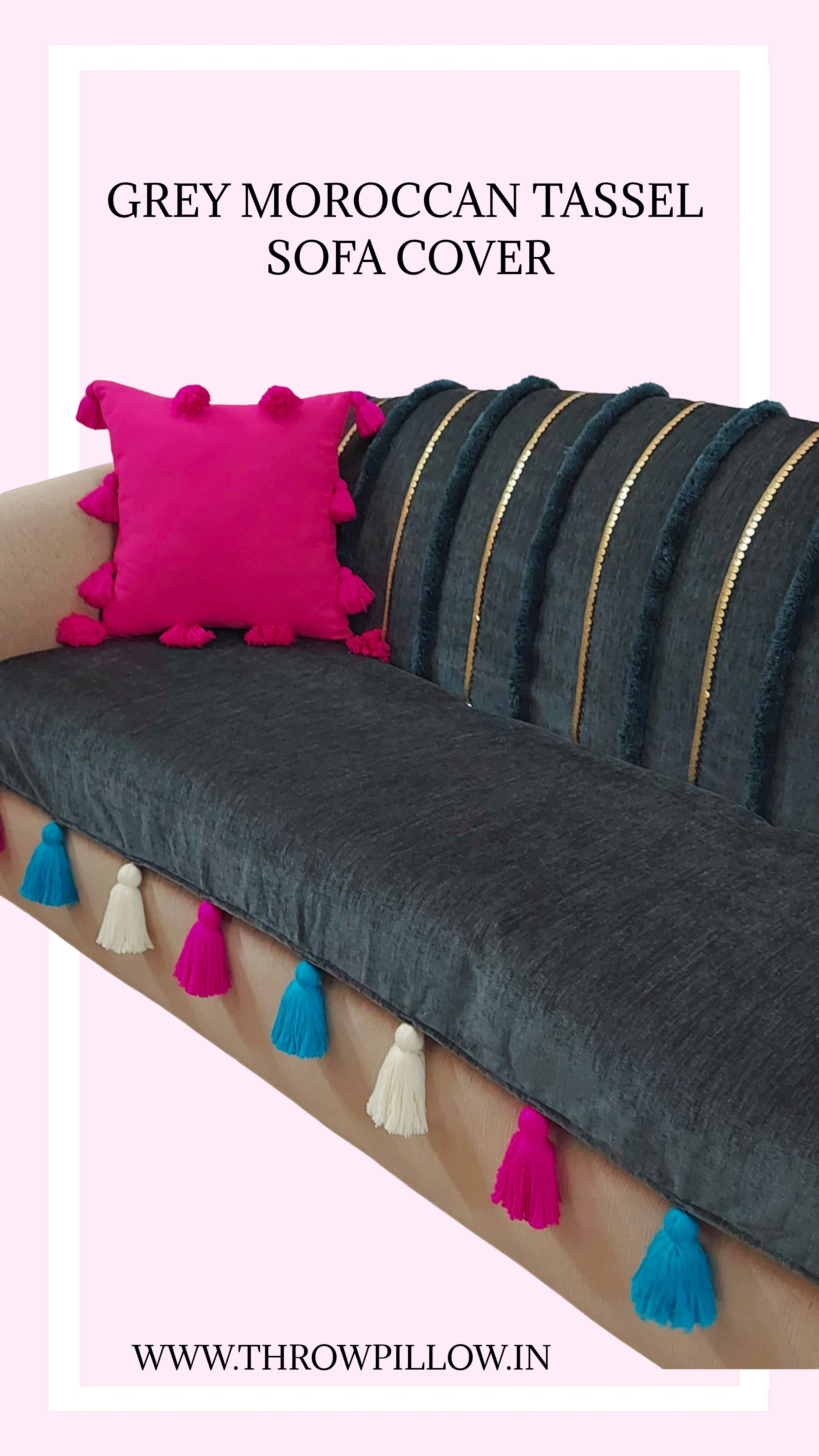 Grey Moroccan With Gold Embroidery & Tassels Sofa Cover