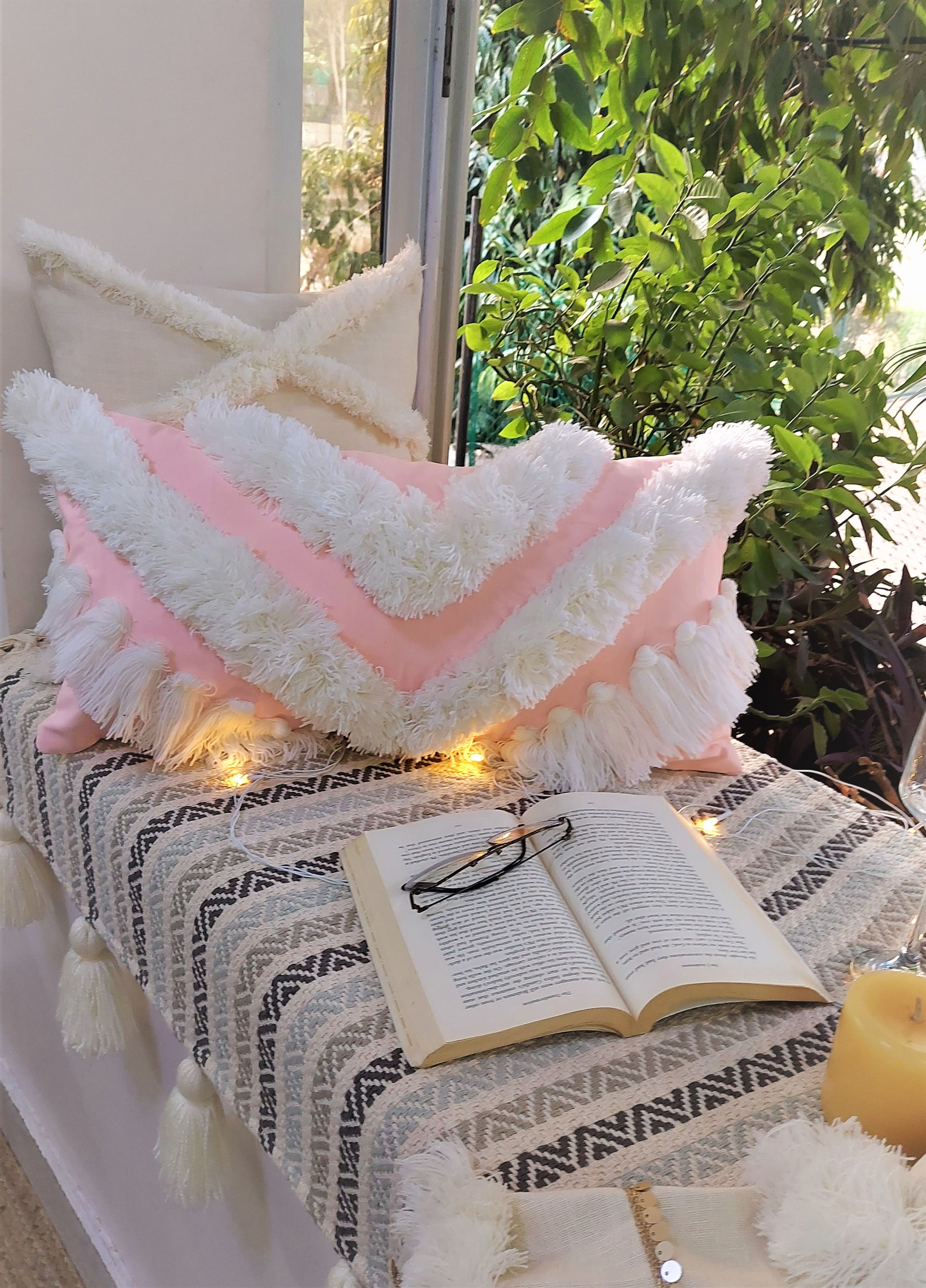 Blush Pink Tufted Boho Chic Cushion Cover