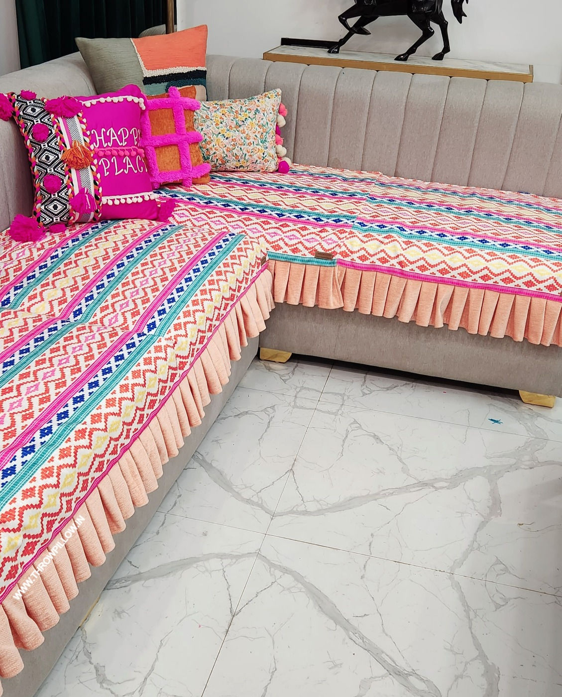 Rainbow Multicoloured Aztec Printed with Pleats Sectional L Shape Sofa Cover