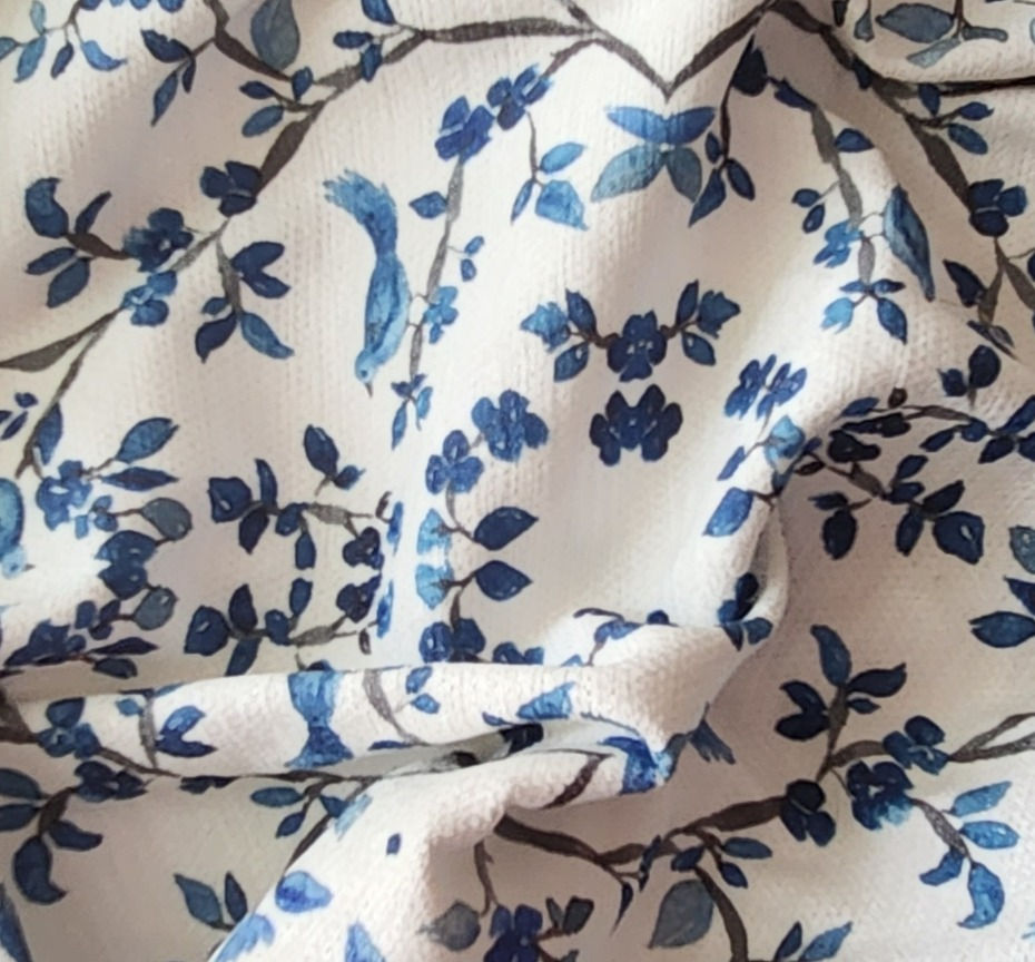Thumbnail: Sofa fabric with blue bird print for long-lasting beauty.