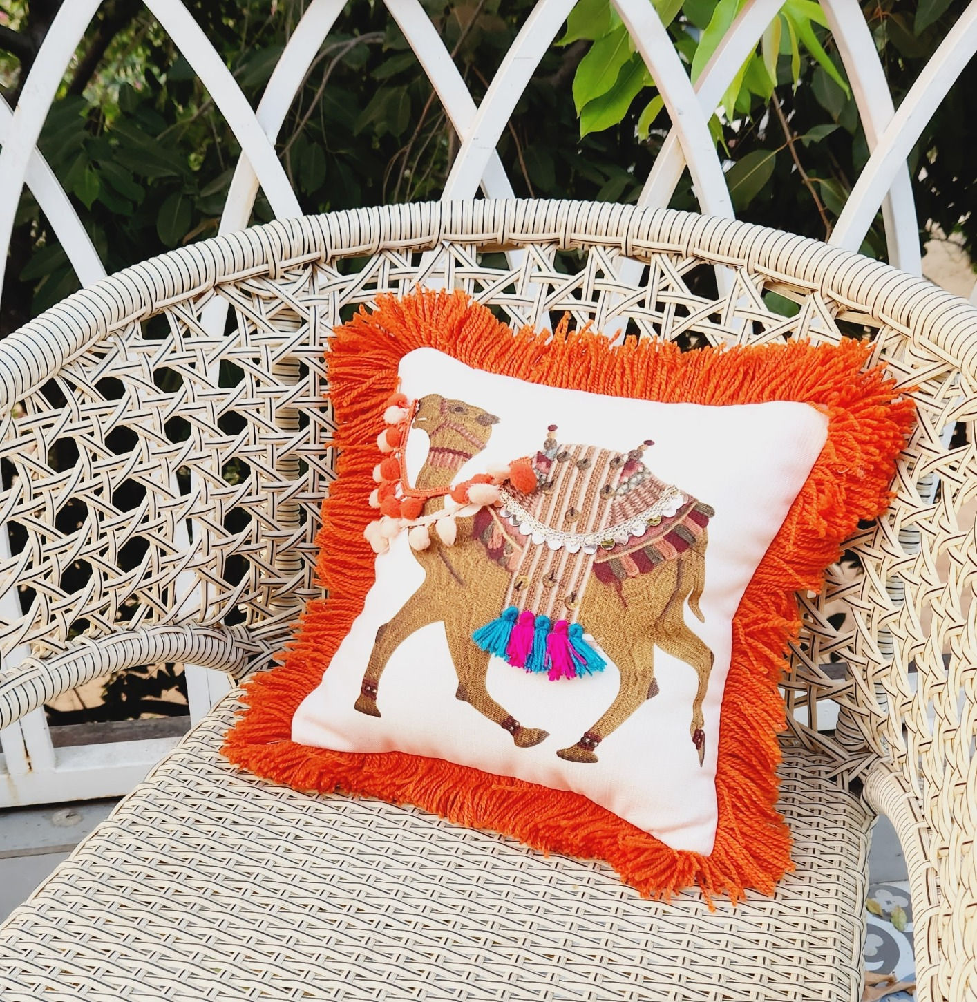 Camel pom Pom Cushion Cover