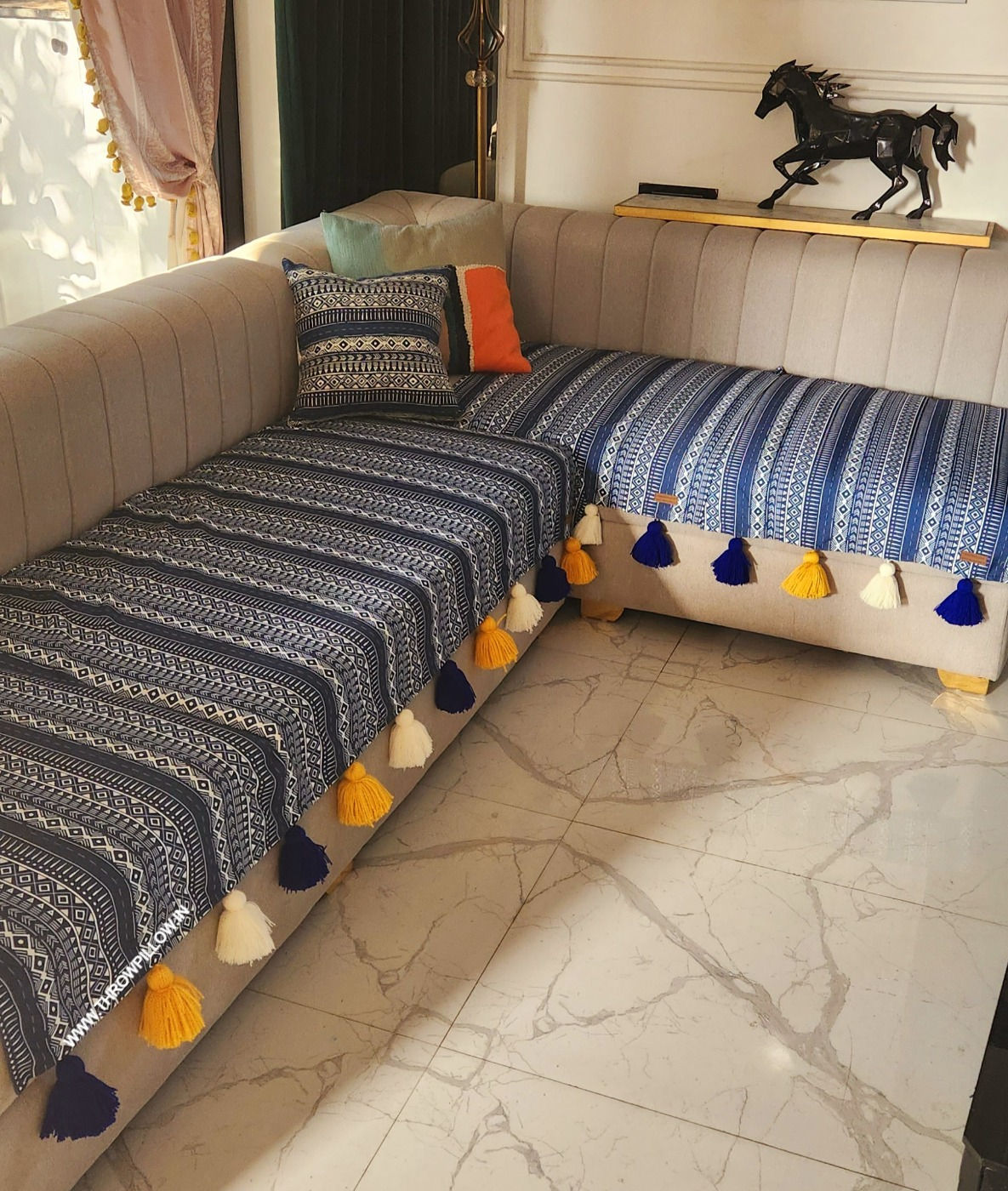 Blue Tribal with White, Yellow & Blue Tassels Sectional L Shape Sofa Cover