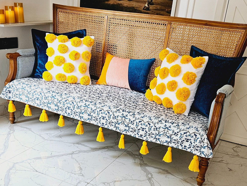 Thumbnail: Blue Bird Chinoiserie Sofa Cover with Yellow Tassels