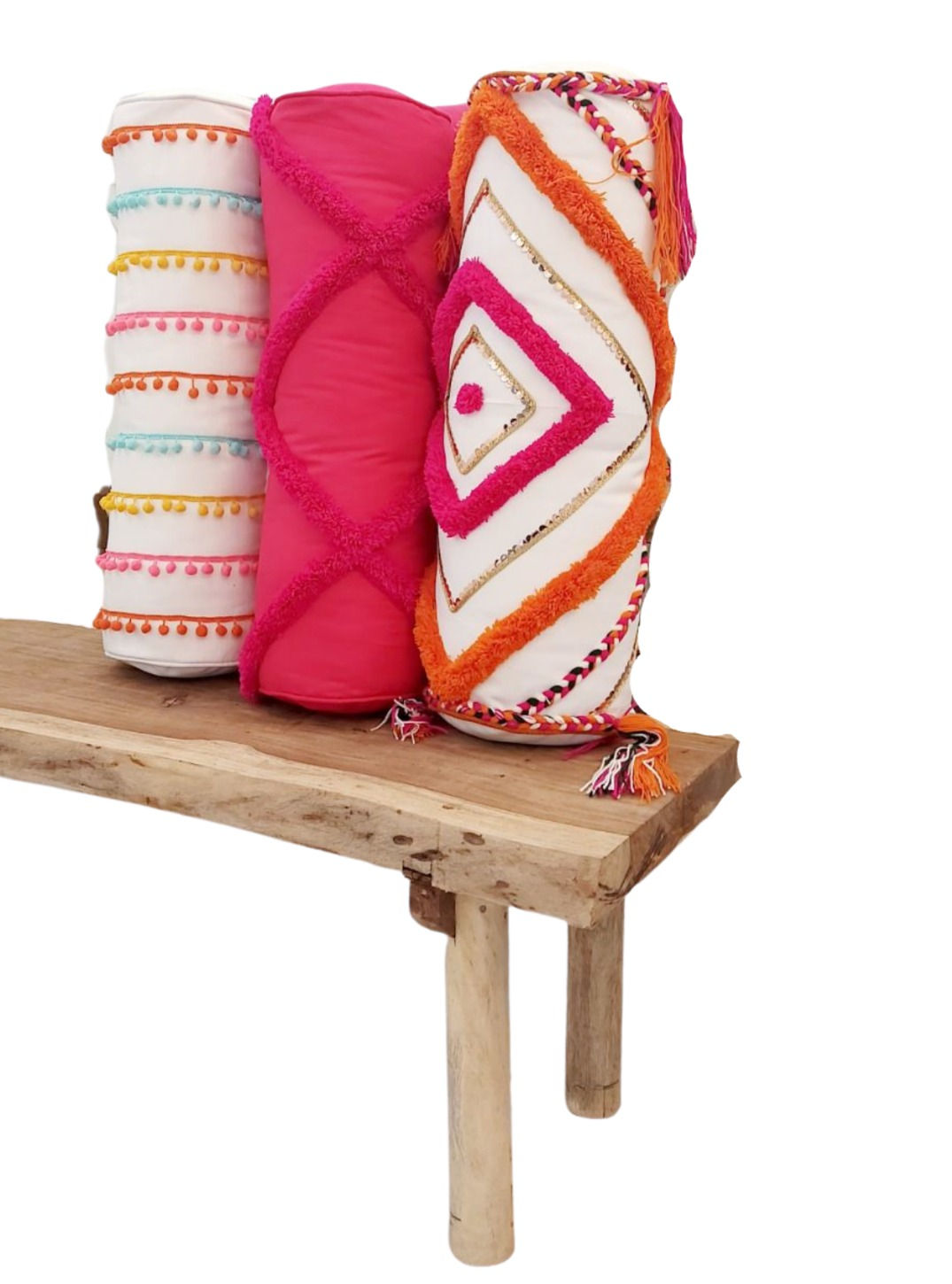 Cushion cover with orange and pink diamond tufting and multicolor lace