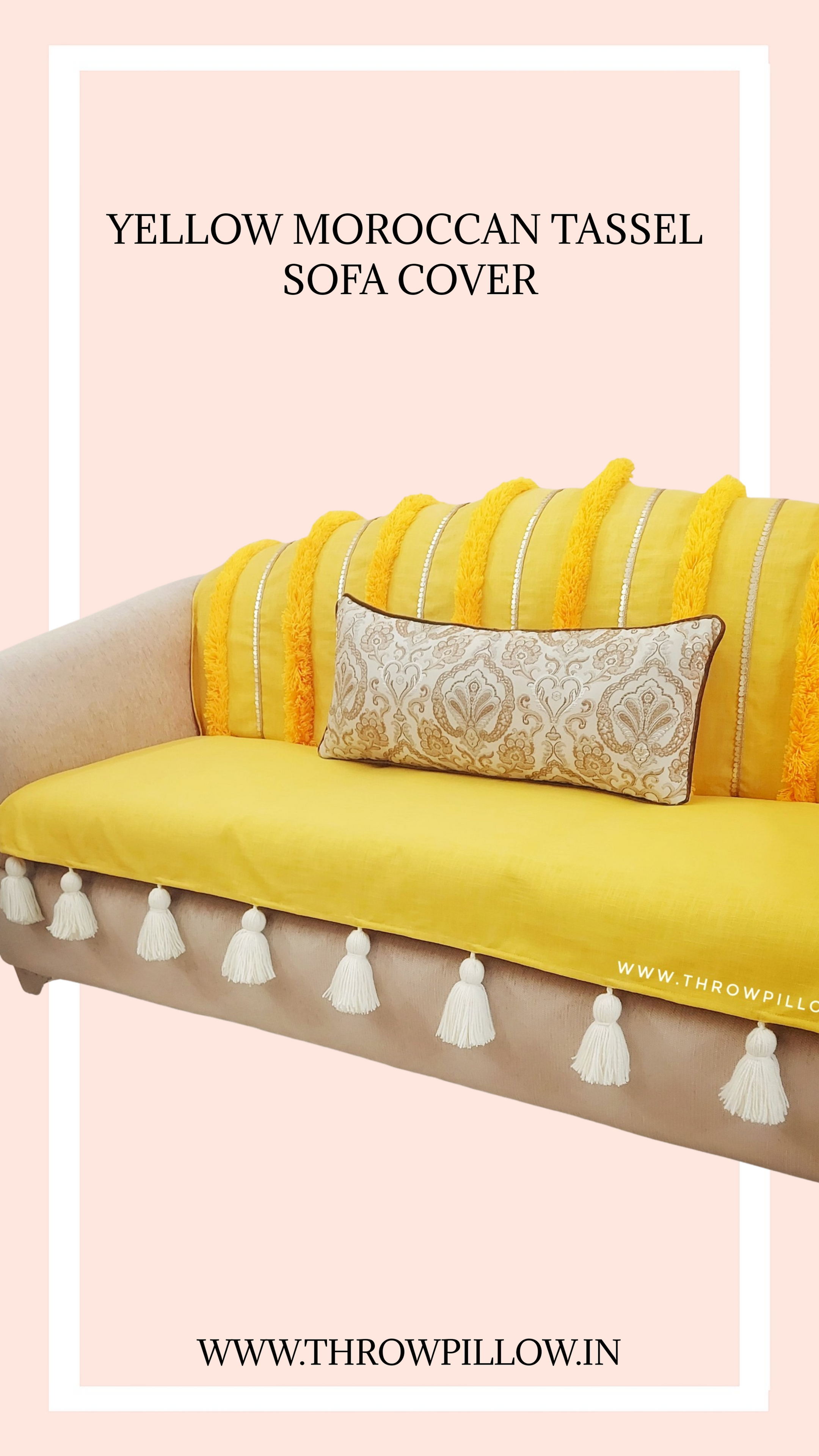 Yellow Moroccan With Gold Embroidery & Tassels Sectional L Shape Sofa Cover
