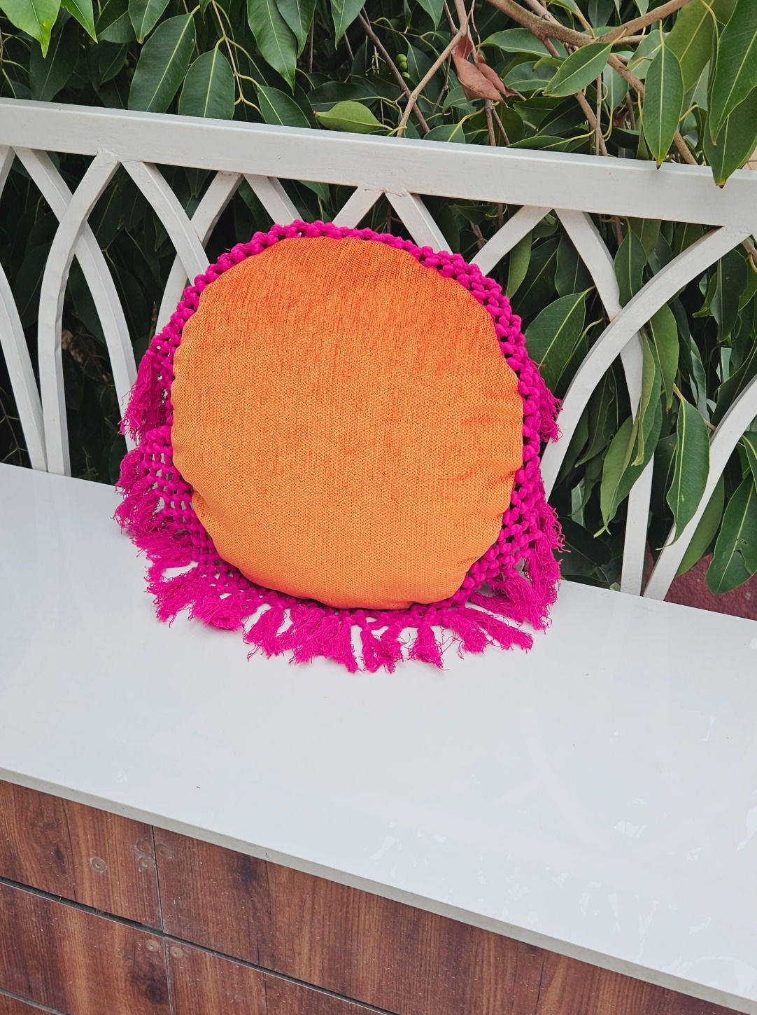 Vibrant Love: Stylish Hot Pink Cushion Cover with Fringe Lace