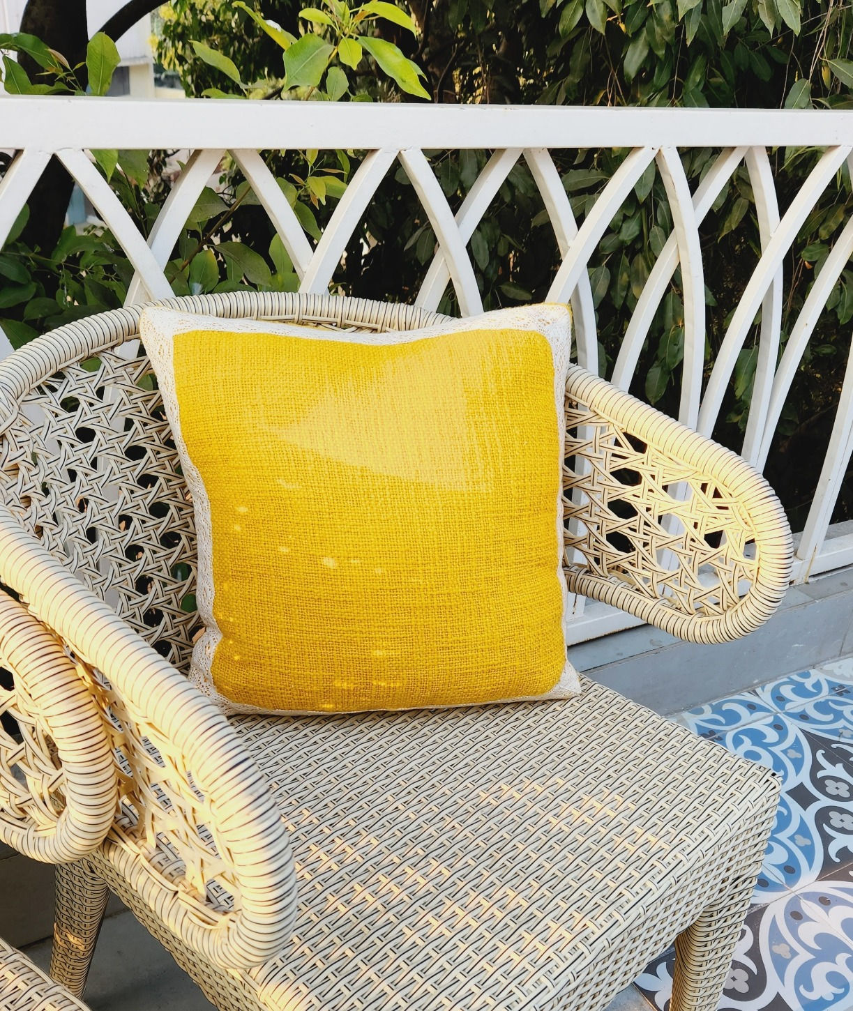 Yellow Basketweave Cushion Cover with French Lace Detailing