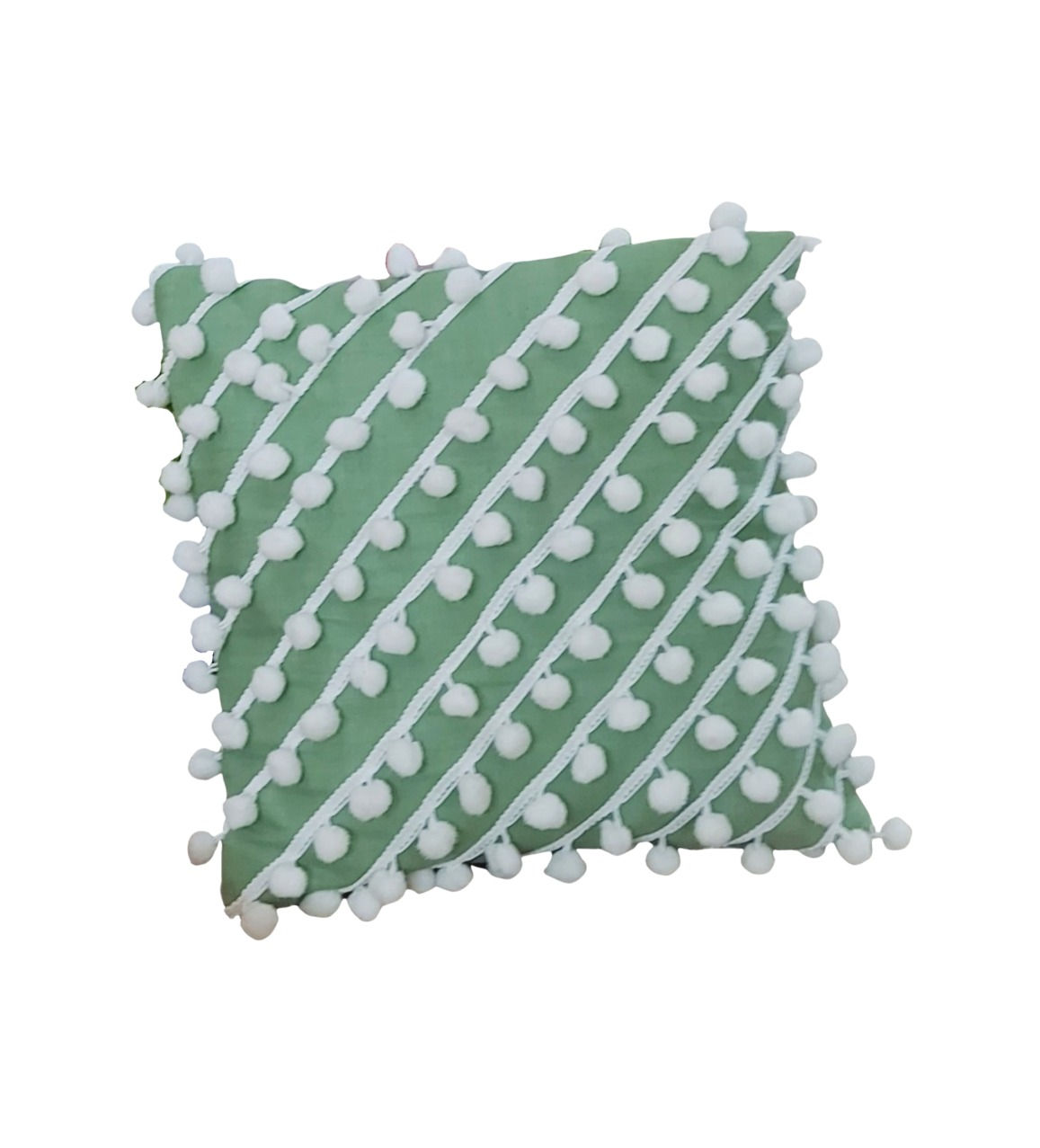 Sage green pom pom cushion cover