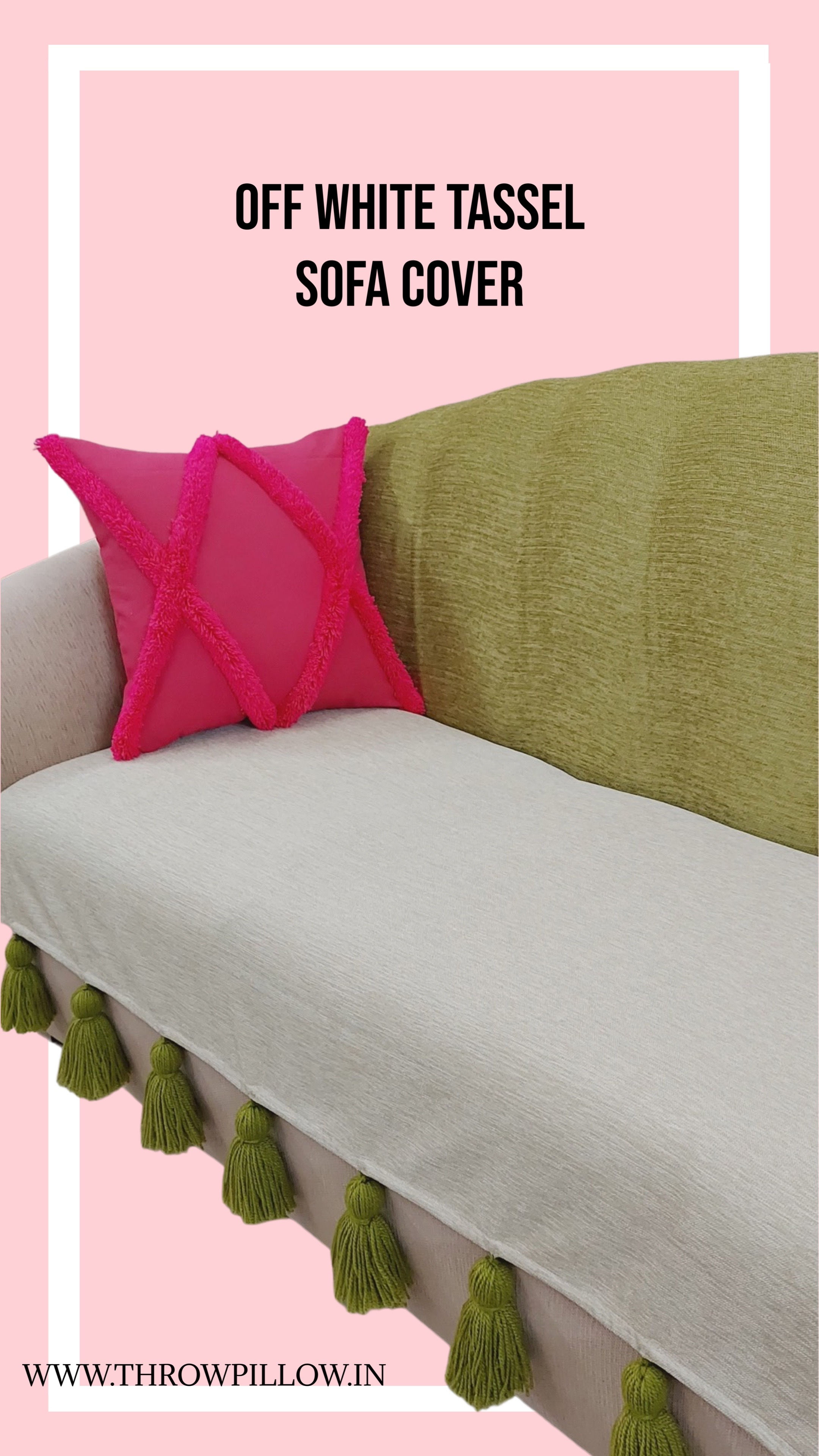 Off white With Olive Green Tassels Sofa Cover