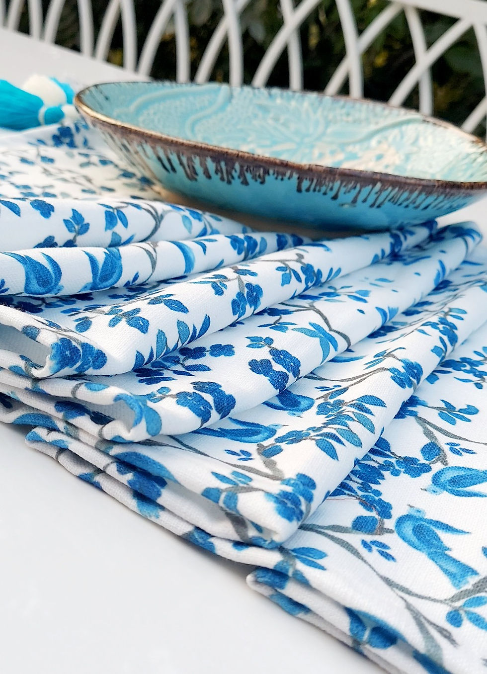 Thumbnail: Premium fabric table runner with blue tassels and bird print.
