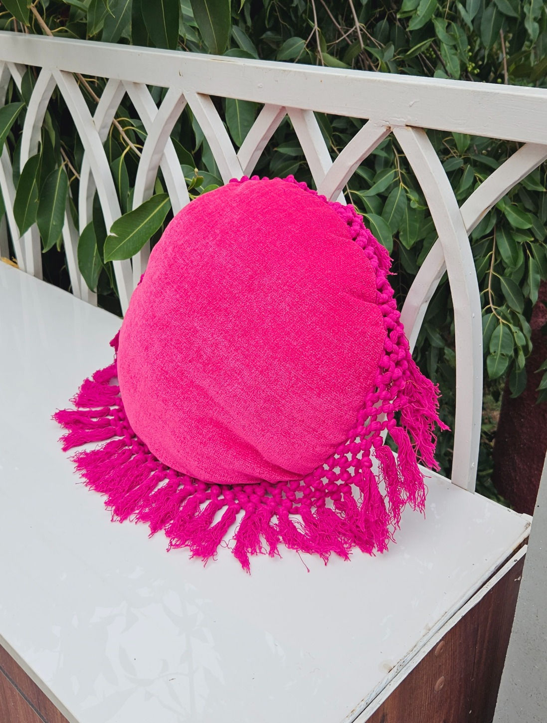 Vibrant Love: Stylish Hot Pink Cushion Cover with Fringe Lace