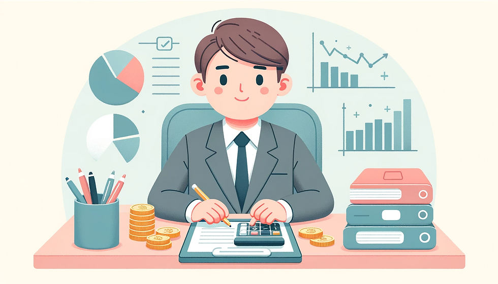 Cartoon man at a desk doing research