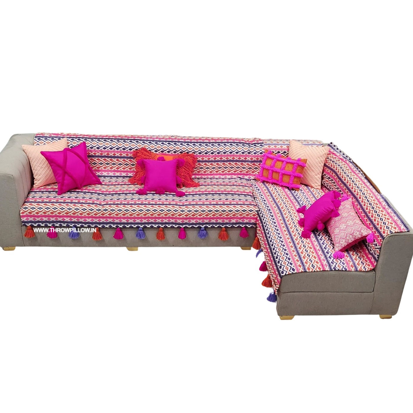 Blissful Cherry Blossam Printed with Tassels Sectional L Shape Sofa Cover
