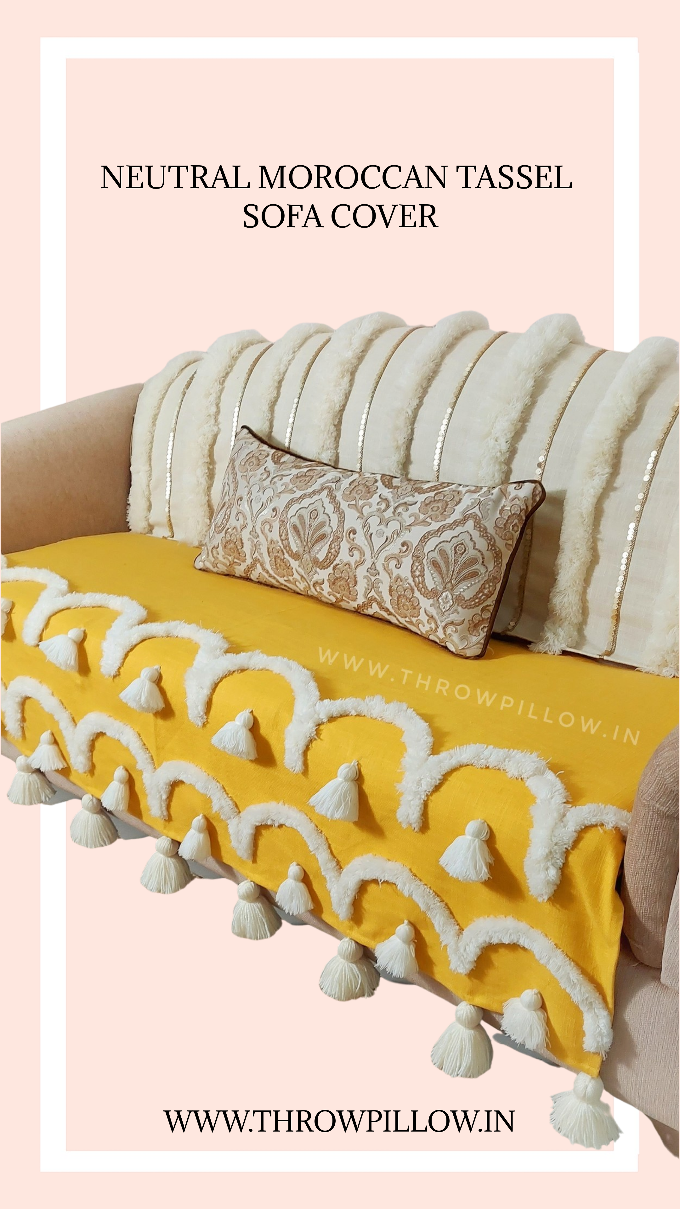 Neutral Moroccan With Gold Embroidery & Tassels Corner L Shape Sofa Cover