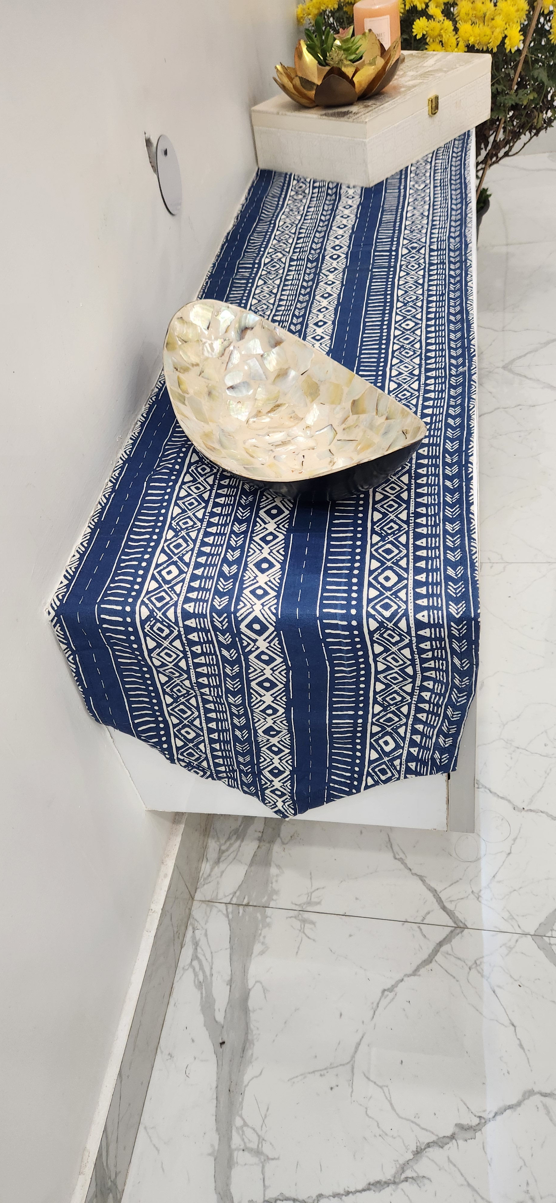 Blue Tribal Printed TV Console Unit Runner Diwali Festival Decor
