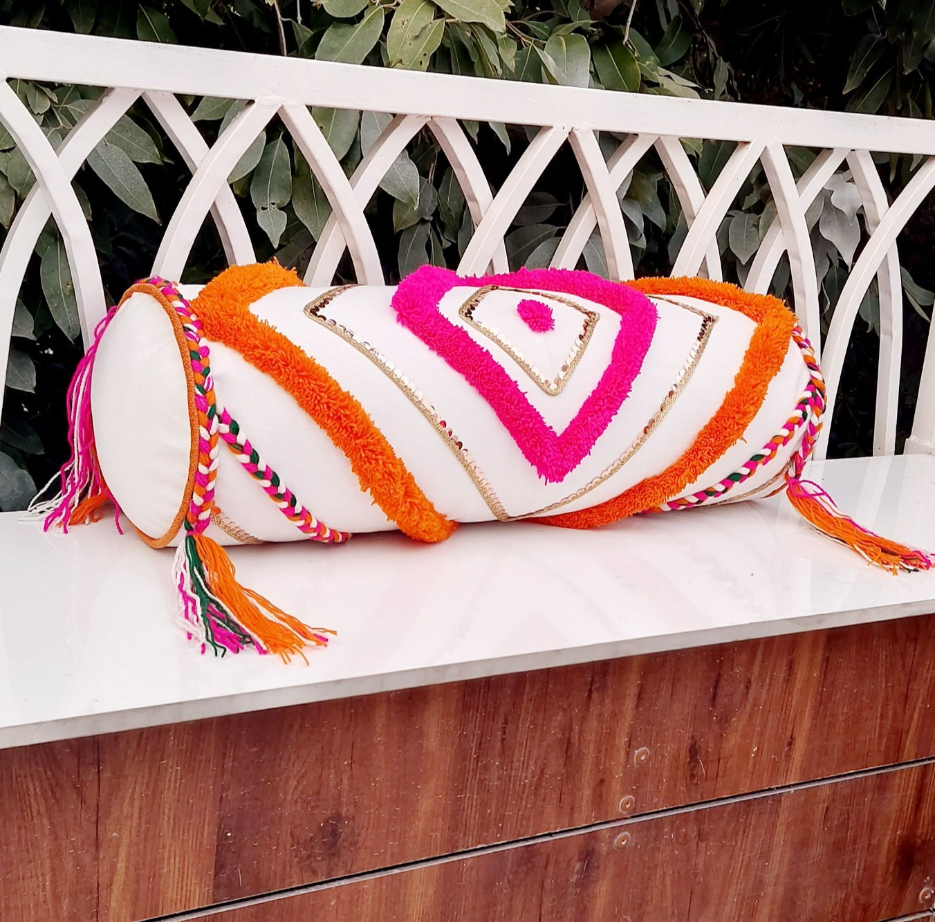 Cushion cover with gold sequin and multicolor braided lace embellishment