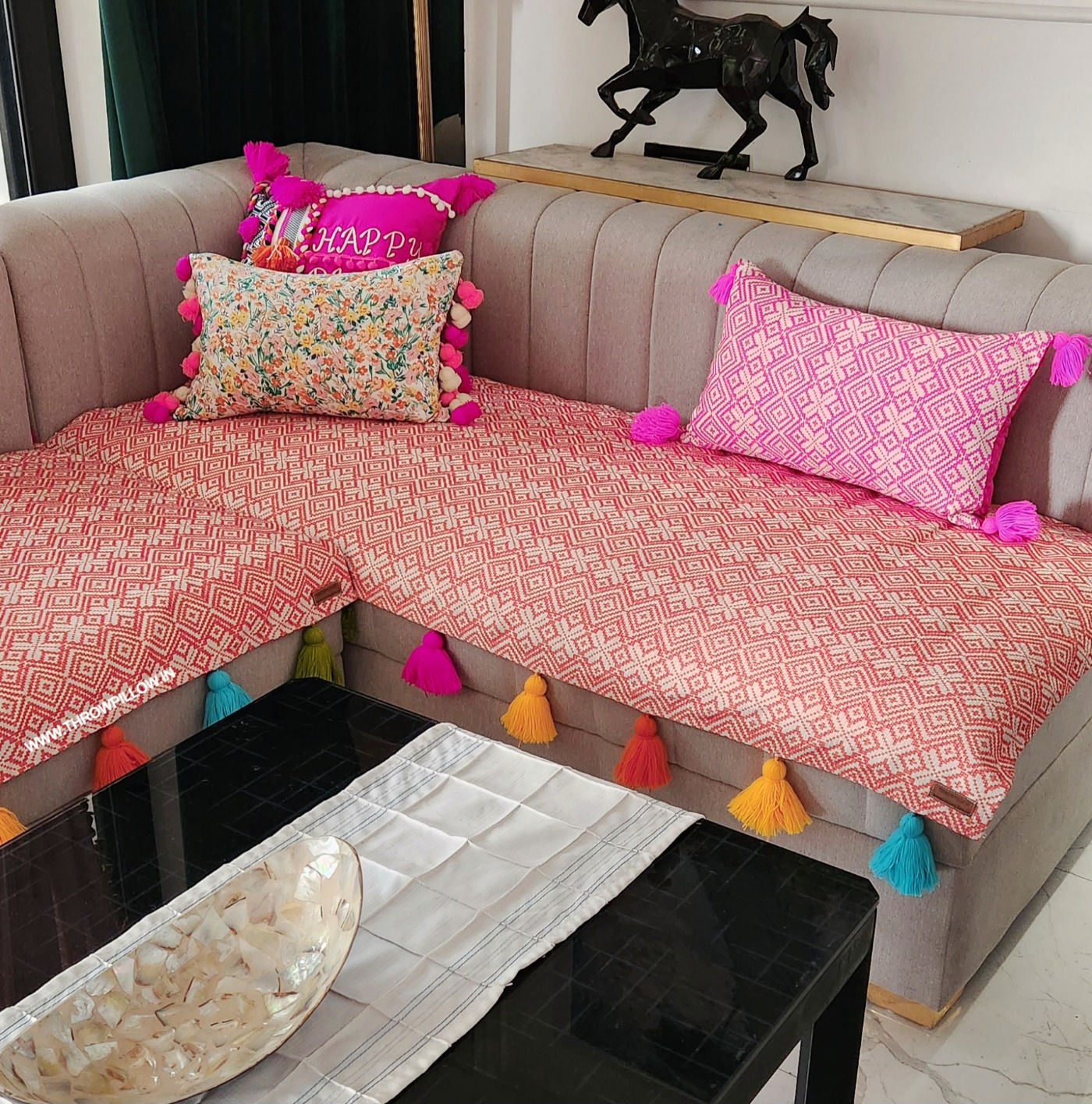Premium Orange Aztec Pattern with Tassels Sectional L Shape Sofa Cover