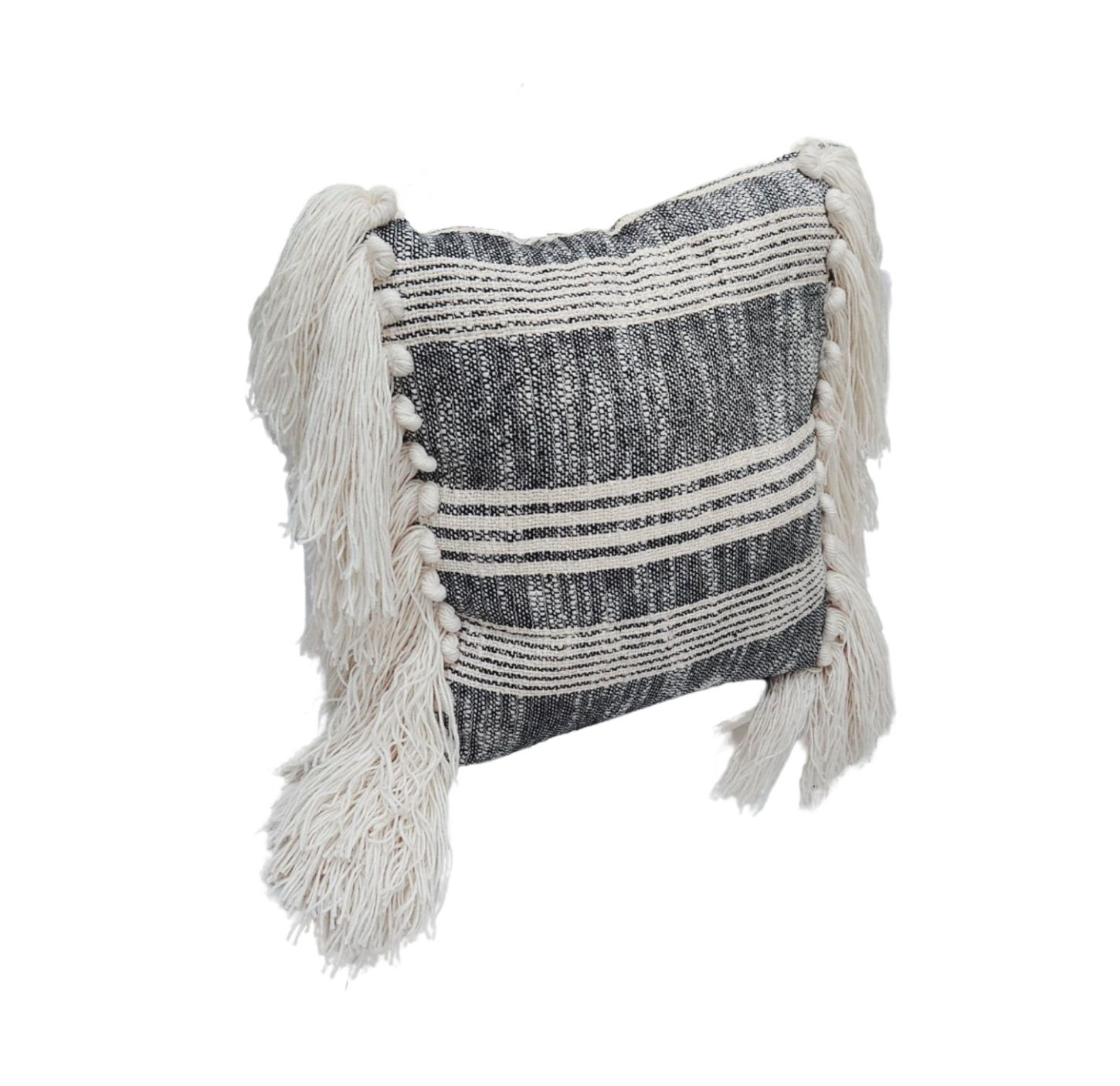 Stylish cushion cover in black with stripes and fringe