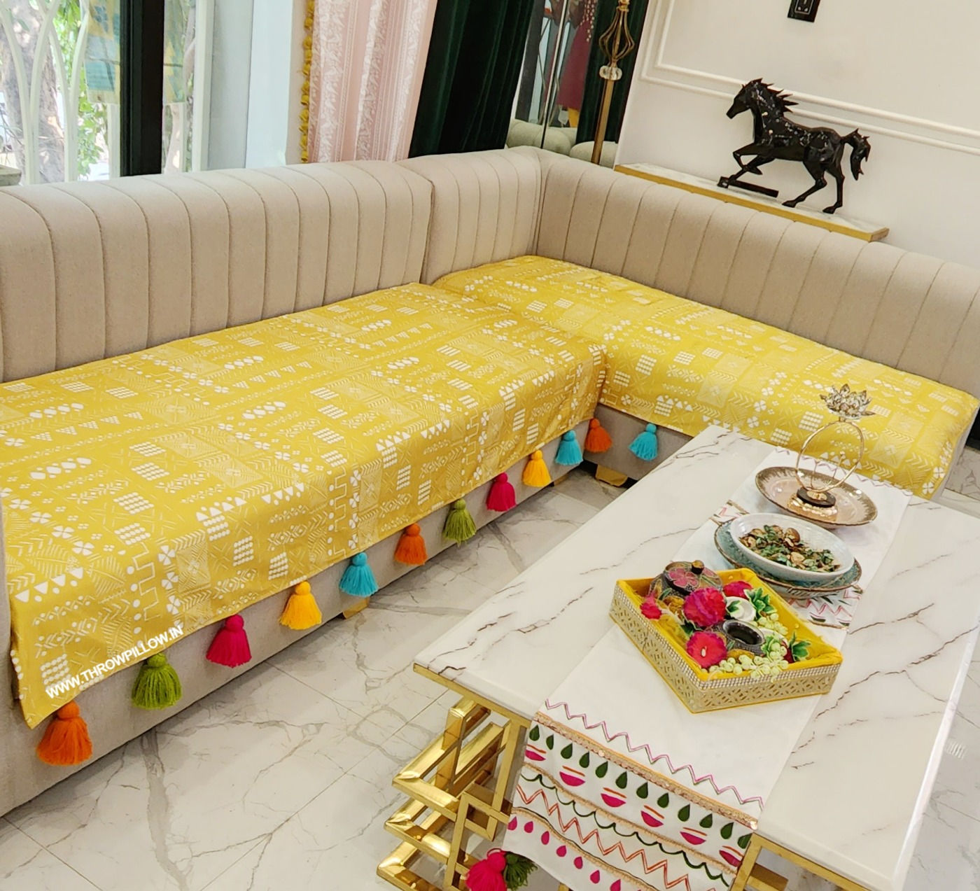 Mustard Gold Tribal with Multicolor Tassels Sectional L Shape Sofa Cover