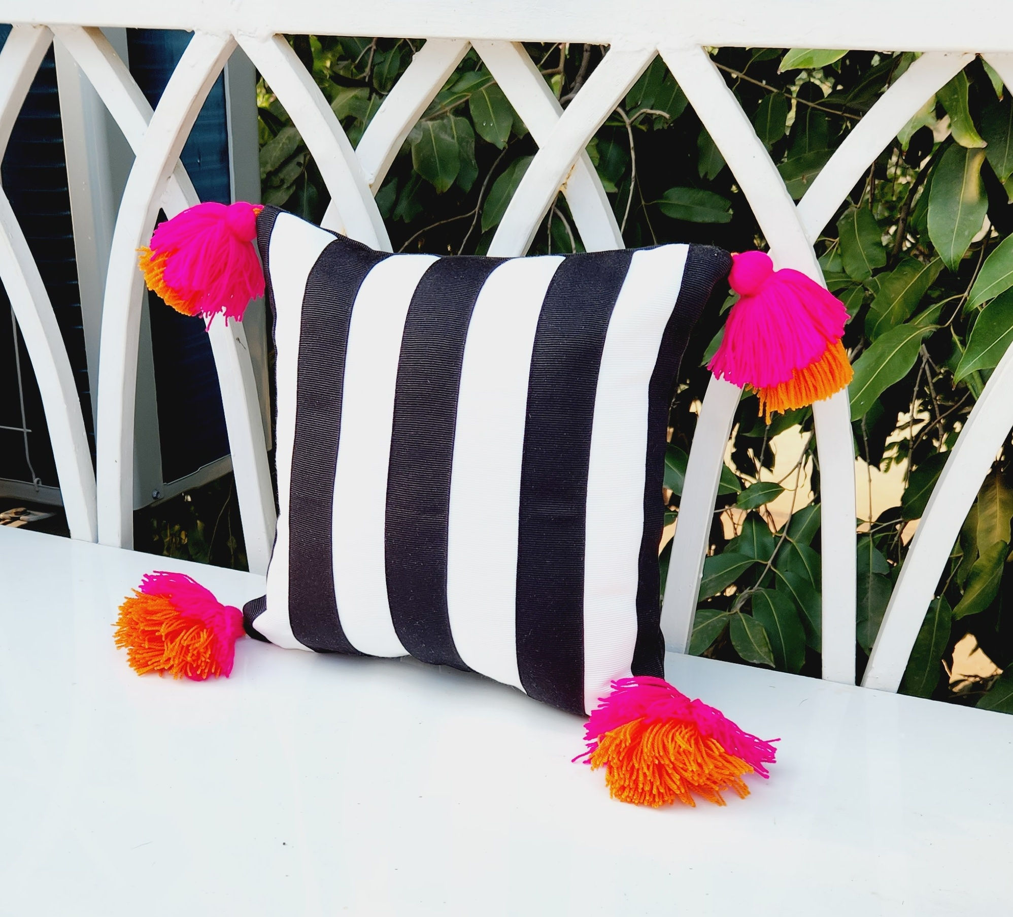 Black & White Stripes Bright Tassel Square Cushion Cover