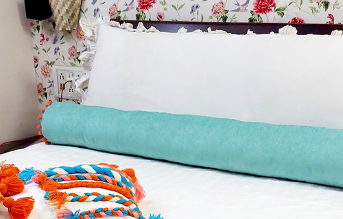 Blue Pom Pom Oversized Bolster Cover
