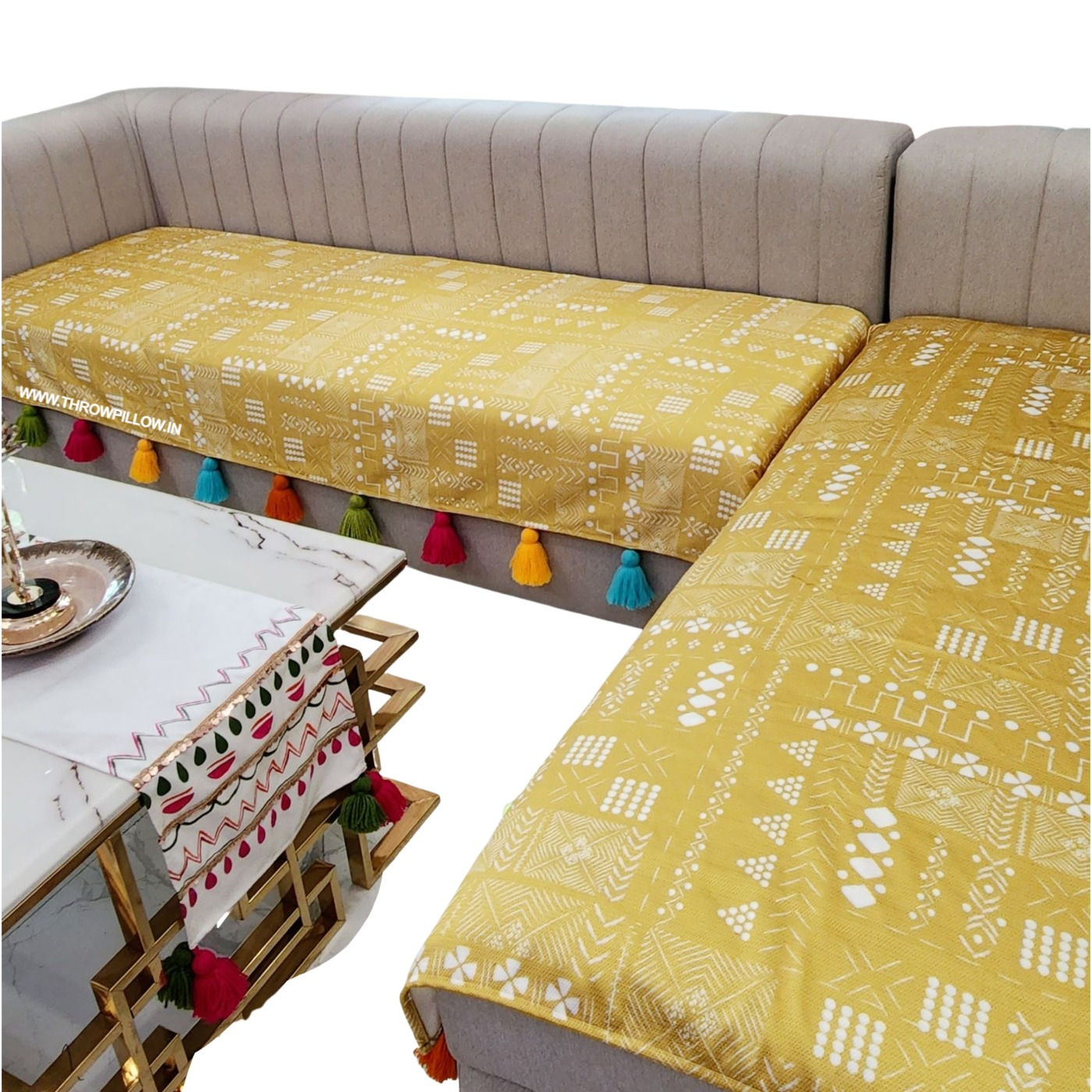 Mustard Gold Tribal with Multicolor Tassels Sectional L Shape Sofa Cover
