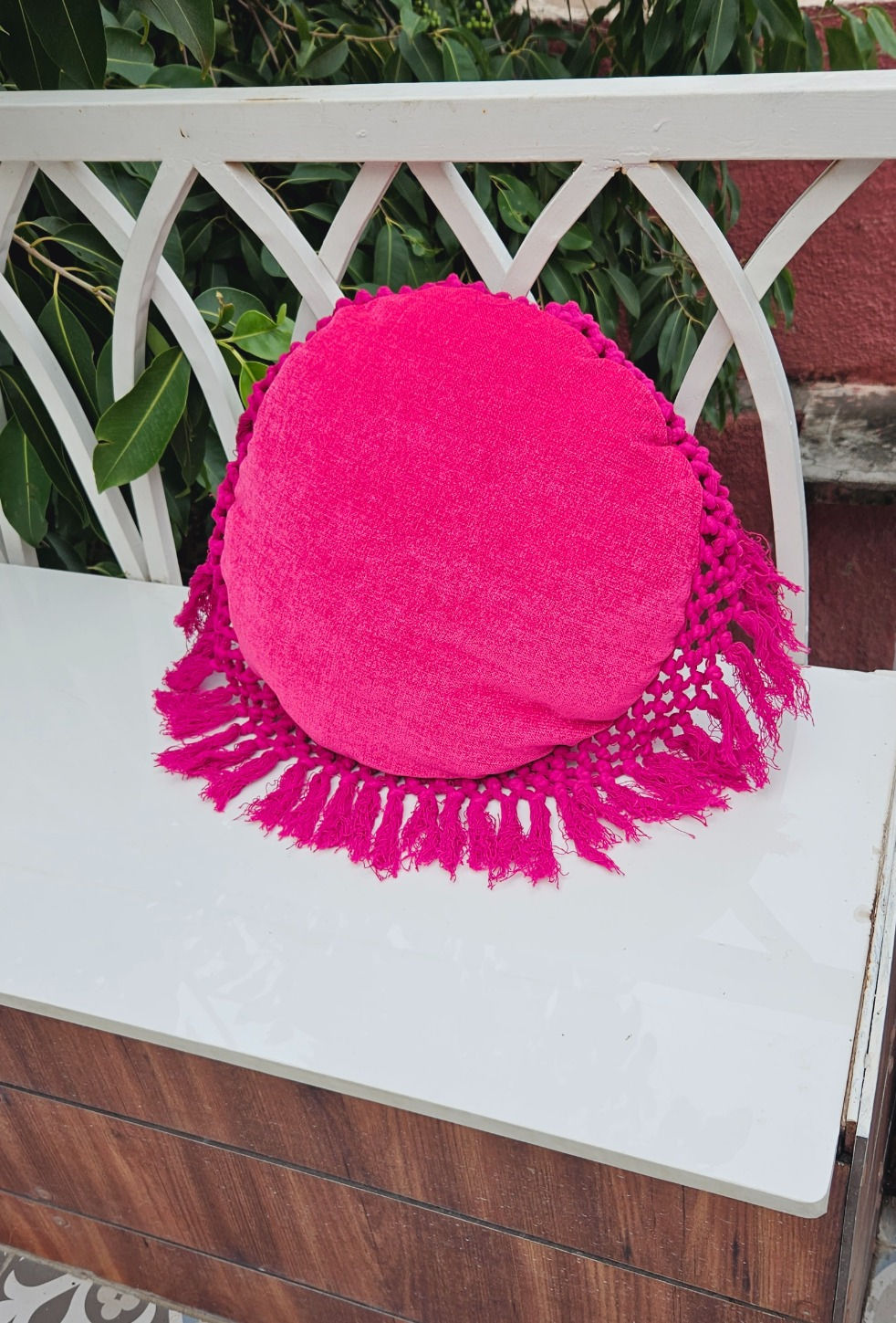 Vibrant Love: Stylish Hot Pink Cushion Cover with Fringe Lace