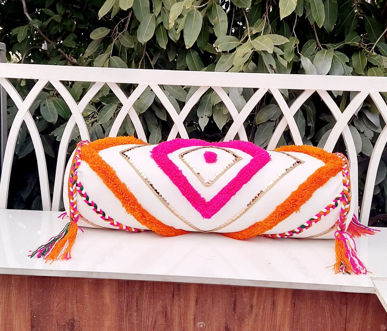 Cama white cushion cover with orange and pink diamond tufting