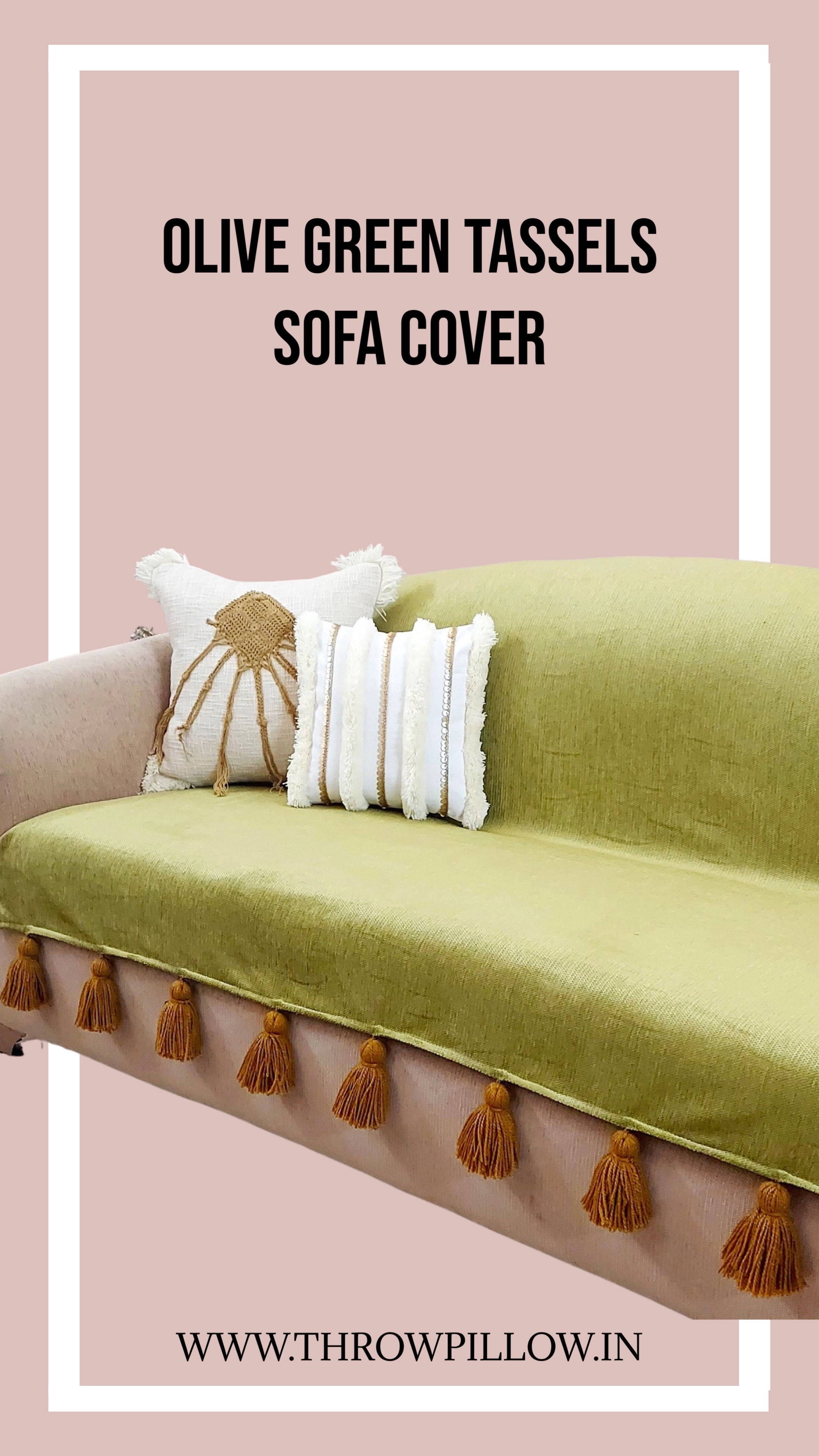 Olive Green with Copper Tassels Corner L Shape Sofa Cover