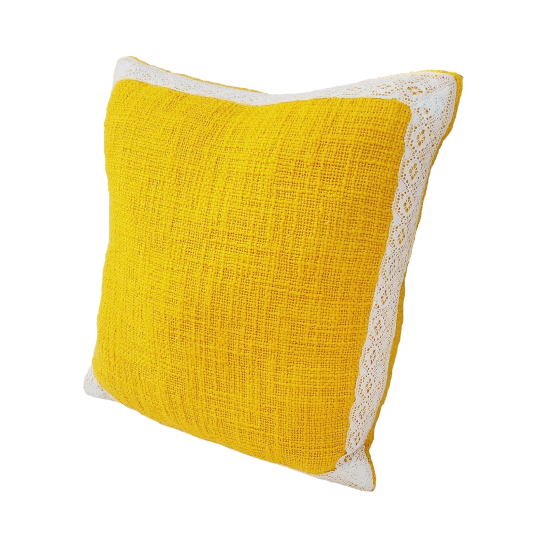 Yellow Basketweave Cushion Cover with French Lace Detailing