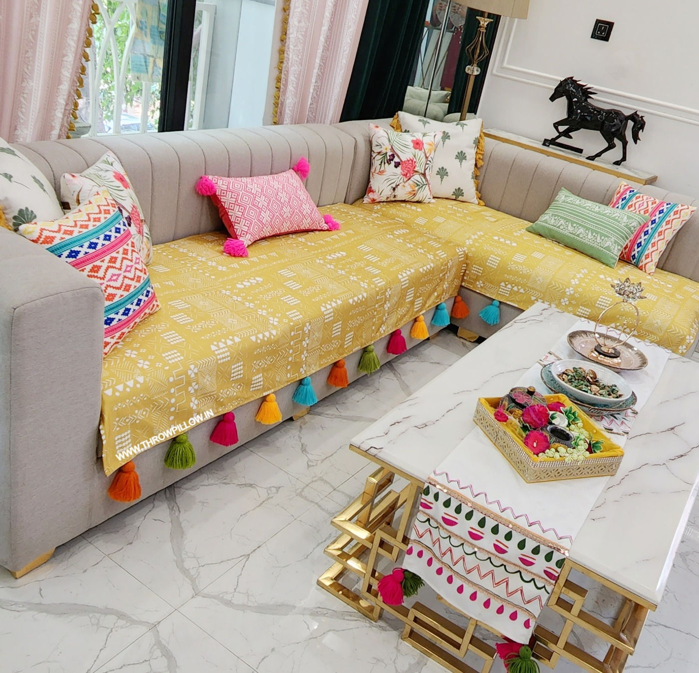 Mustard Gold Tribal with Multicolor Tassels Sectional L Shape Sofa Cover