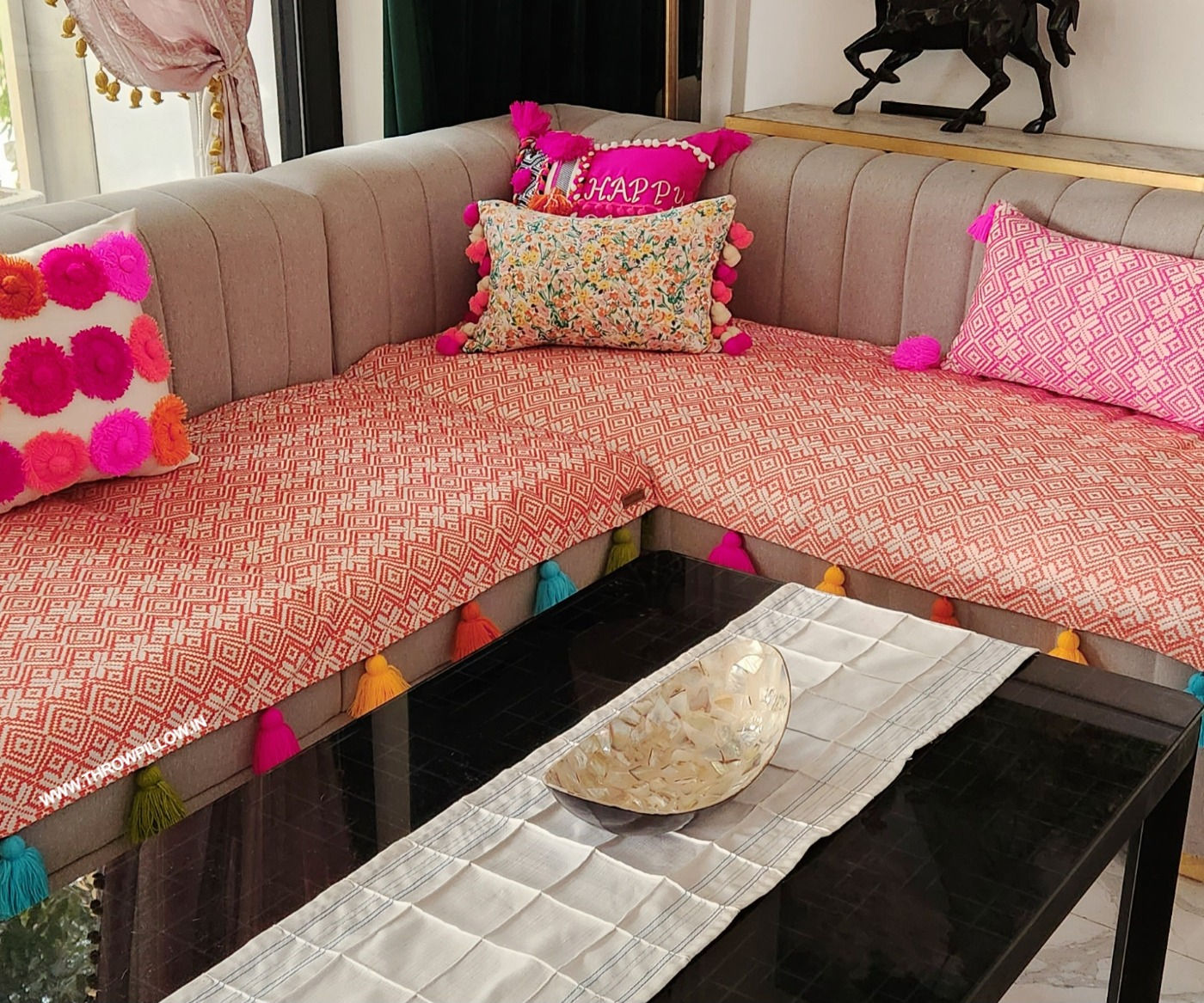 Premium Orange Aztec Pattern with Tassels Sectional L Shape Sofa Cover
