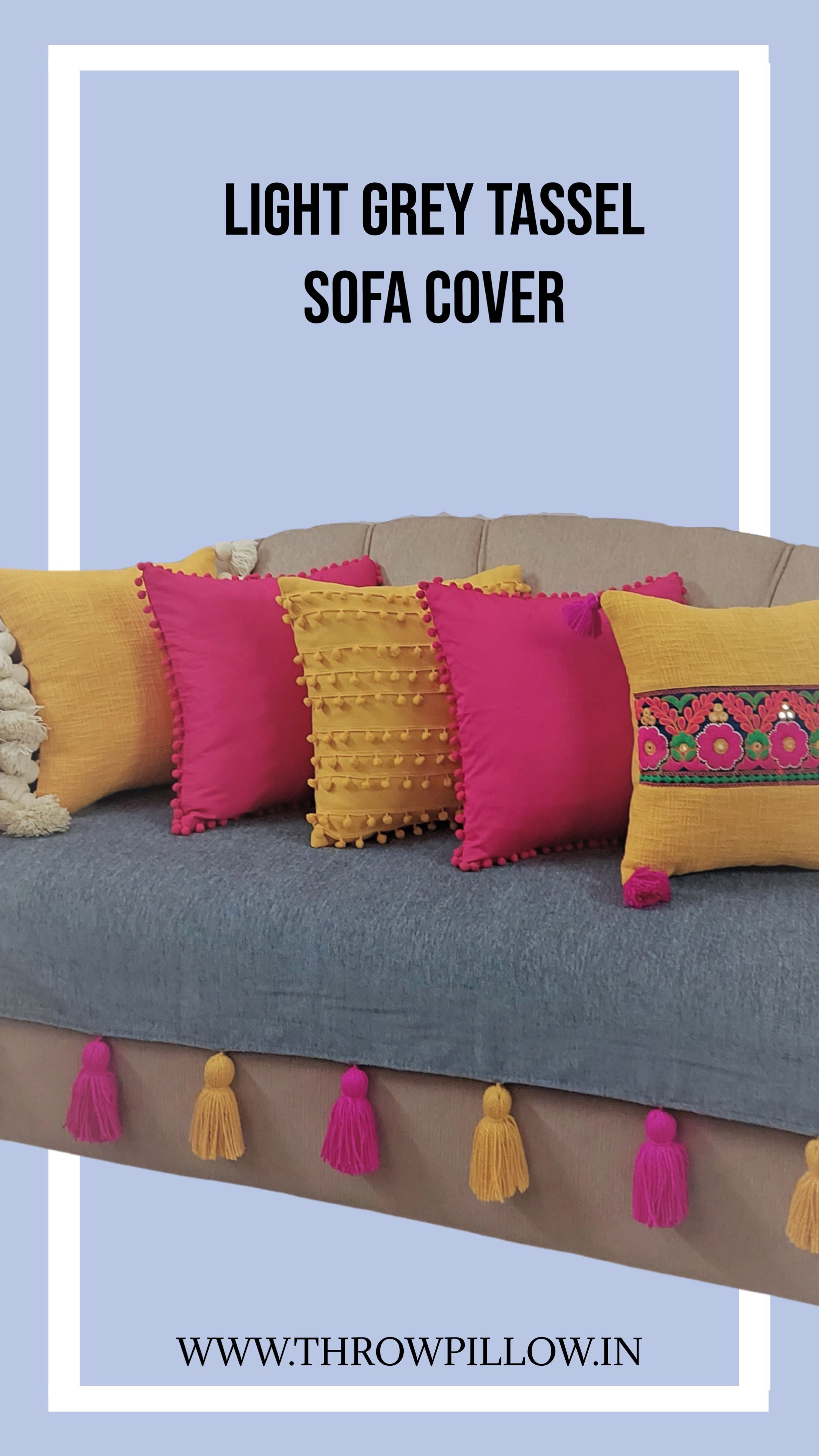 Premium Light Grey Pink Yellow Tassels Sofa Cover