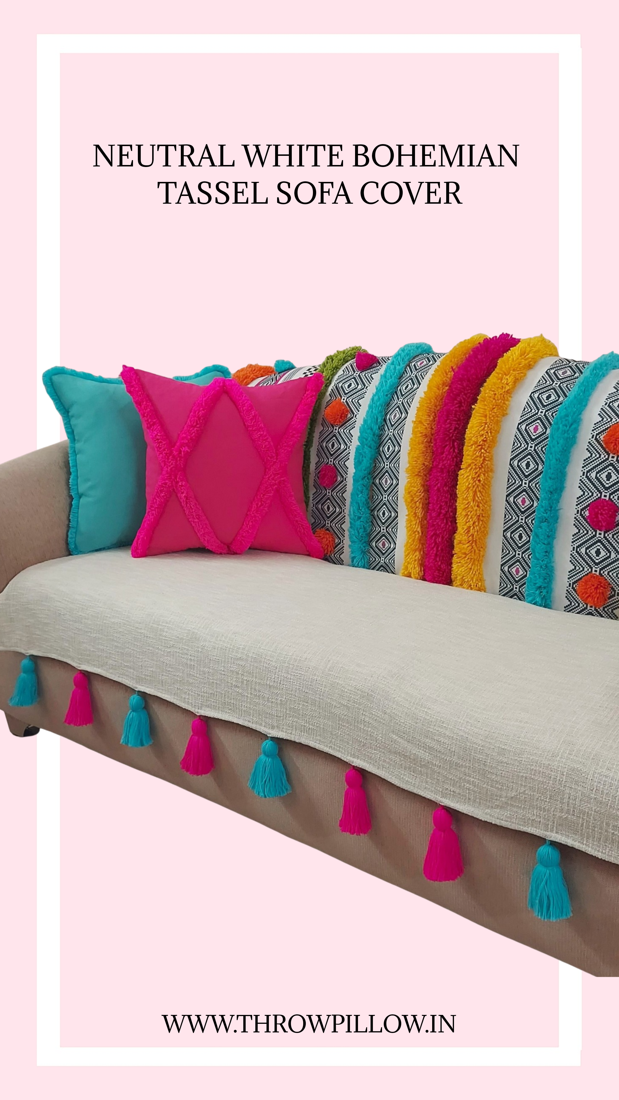 Neutral White Bohemian With Tassels Sofa Cover