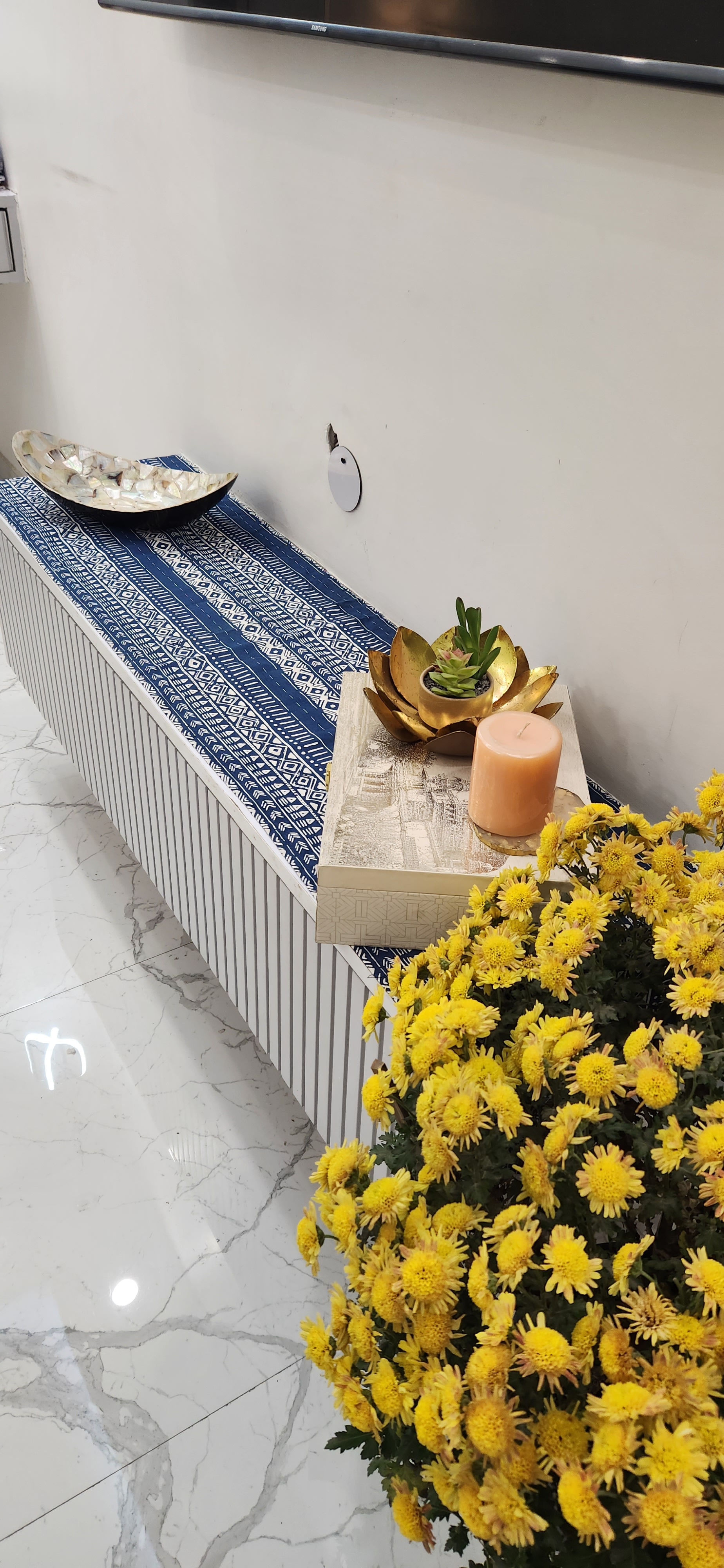 Blue Tribal Printed TV Console Unit Runner Diwali Festival Decor