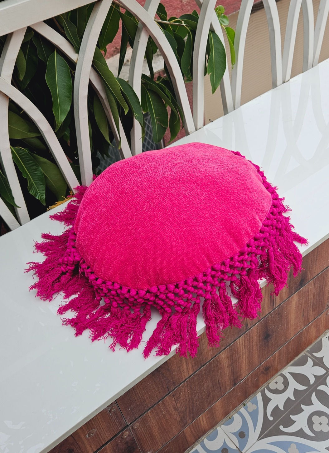 Vibrant Love: Stylish Hot Pink Cushion Cover with Fringe Lace