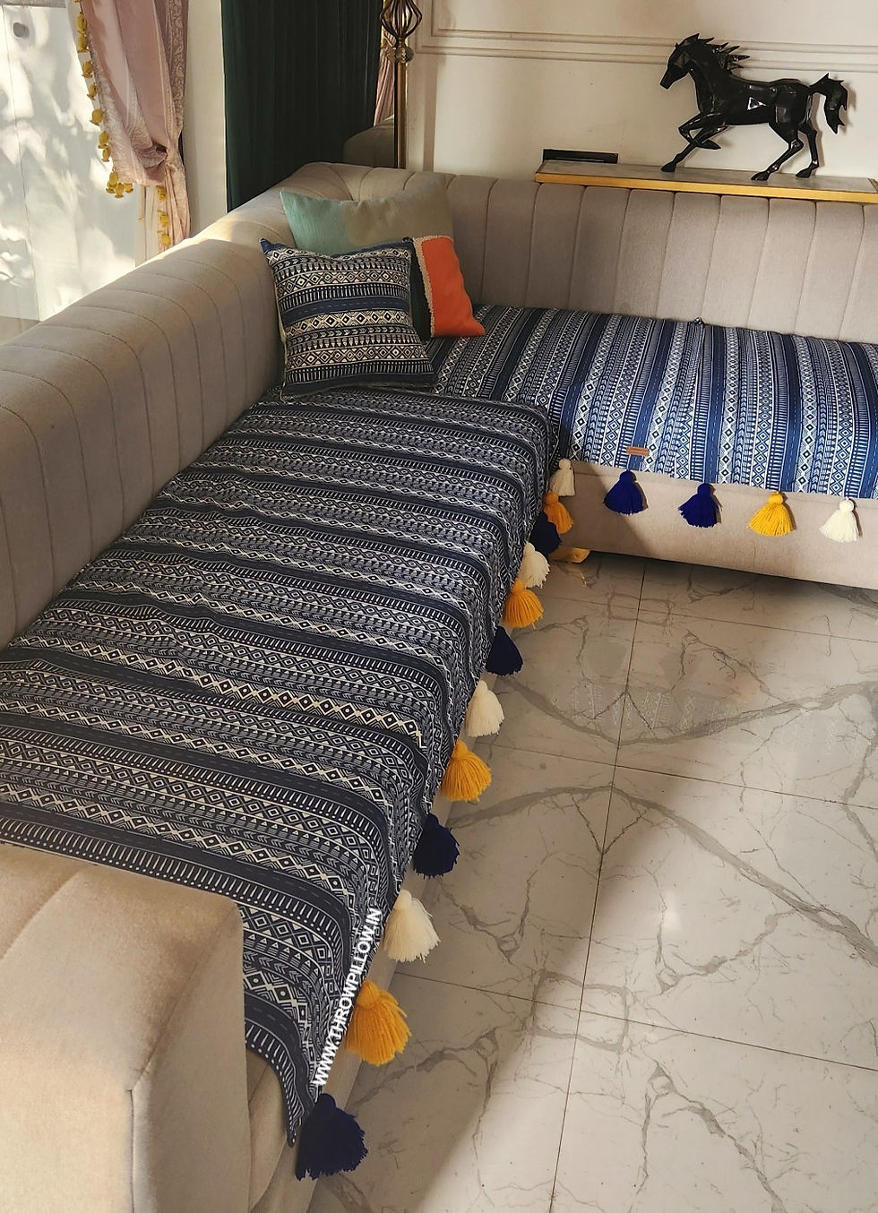 Thumbnail: Blue Tribal with White, Yellow & Blue Tassels Sectional L Shape Sofa Cover